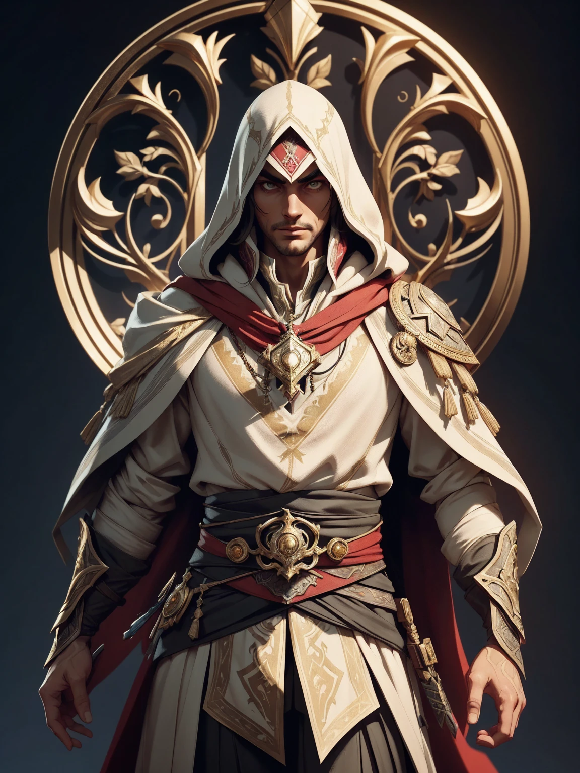 ((Art Nouveau Style)); Ezio Auditore da Firenze (Assassin's Creed Character) in a stoic pose; ((Traditional Assassin's Creed outfit)); standing; Assassin's Creed style; ultrarealistic skin, ultrarealistic face; ultrarealistic body; ((ultrarealistic gold ornaments)); detailed skin; ultra detailed eyes; ultra detailed face; full body symmetrical with thick lines, Fibonacci, golden ratio, 3D metal structure tessellation, neural graphic, neurons, color, love, passion, incredibly detailed, 8k, masterpiece, artstation, surreal
