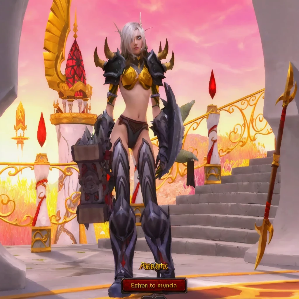 araf female character in a game setting with a sword, ornate bikini armor, armadura do mundo de warcraft, women&#39;s knight bikini armor, paladina feminina, gorgeous paladina feminina, epic paladin armor, picture of paladina feminina, armadura refletida de cor de fogo preto, usando peitoral brilhante, fuchsia skin below the armor, uau 4 k detalhe fantasia, enormes ombreiras