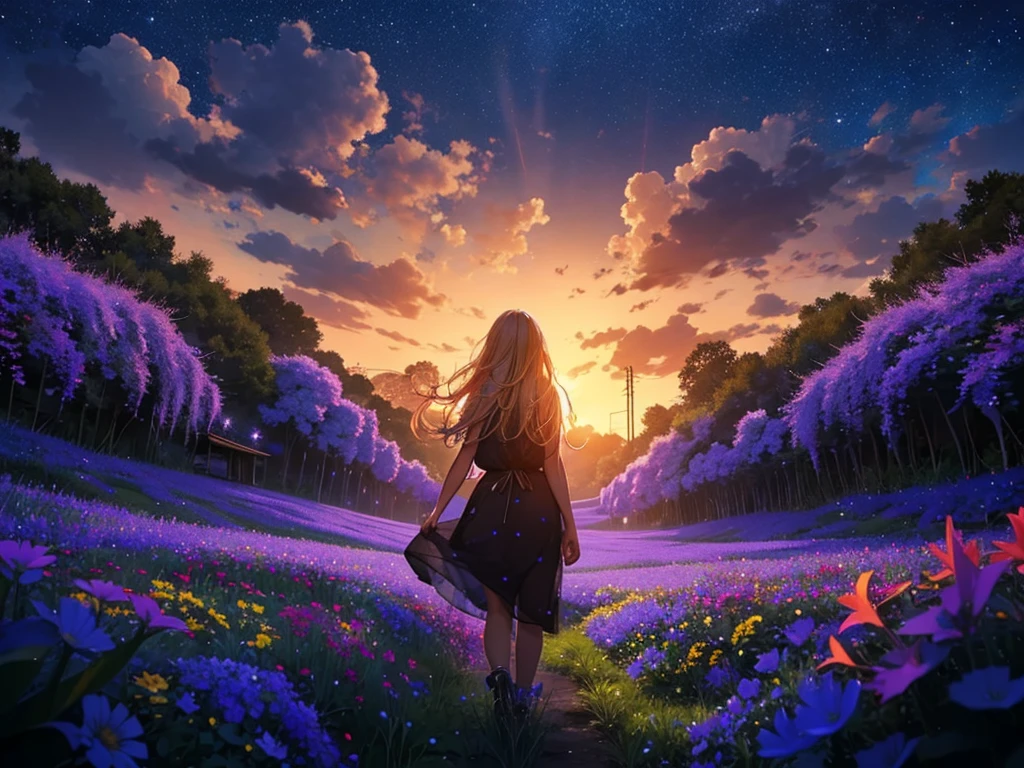 １people々々々々々々々々々々々々々々,Blonde long-haired woman， camisole，silhouette， Rear View，Space Sky, Flower Field，Colorful flowers