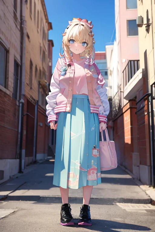 pink letterman jacket, long skirt, full body