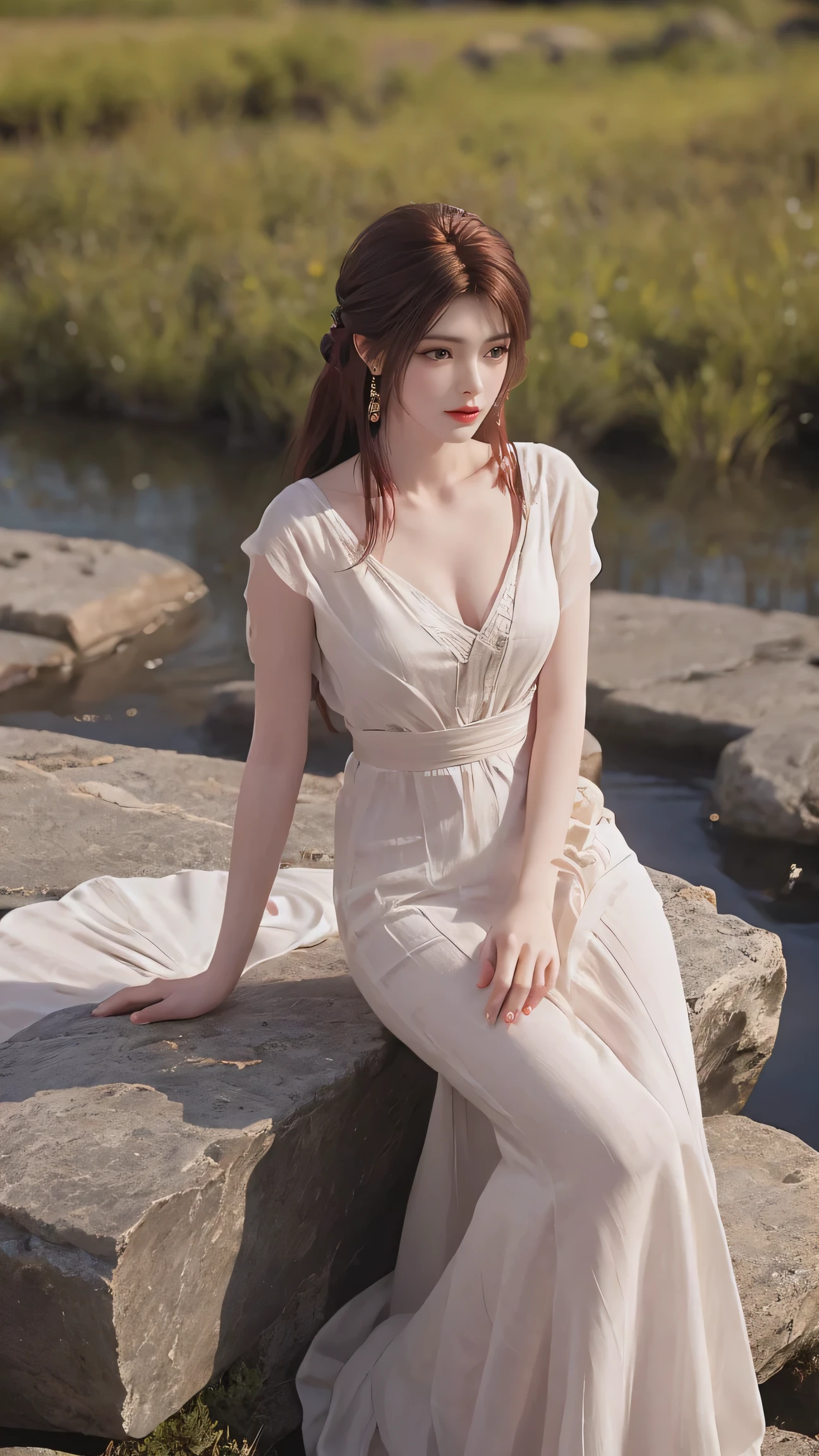 8K Ultra HD, Mastmis, A girl, Good face, Detailed, Eyes, Beautiful lips, Very red hair, dishiveredhair, Medium breasts, Wedding dress, White dress, In the park, Flying birds, blows wind, clear weather, Sitting, Full body capture,