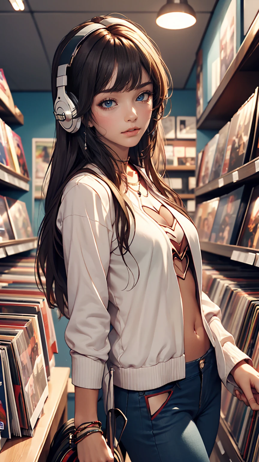 24-year-old female、Sheer front cut-out((front cutout))Wear tops、Wear low rise leggings、smile、View your viewers、Inside a record store in the 80s、Hang headphones around your neck、Hold up a Beatles record jacket and show it to the audience、I'm glad you found your purpose