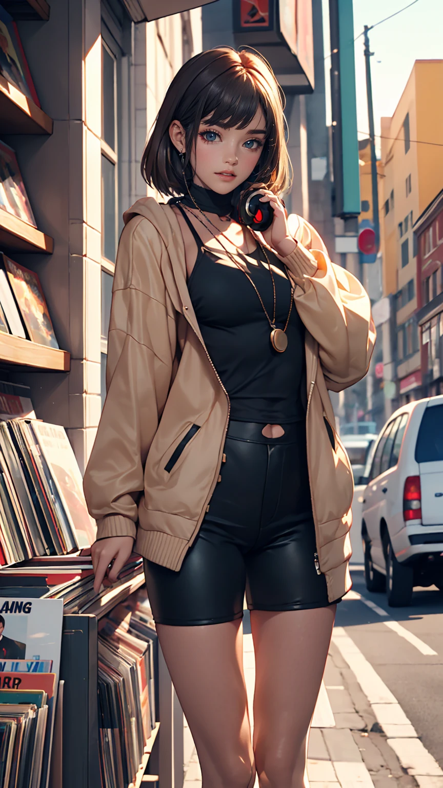 24-year-old female、Sheer front cut-out((front cutout))Wear tops、Wear low rise leggings、smile、View your viewers、Inside a record store in the 80s、Hang headphones around your neck、Hold up a Beatles record jacket and show it to the audience、I'm glad you found your purpose