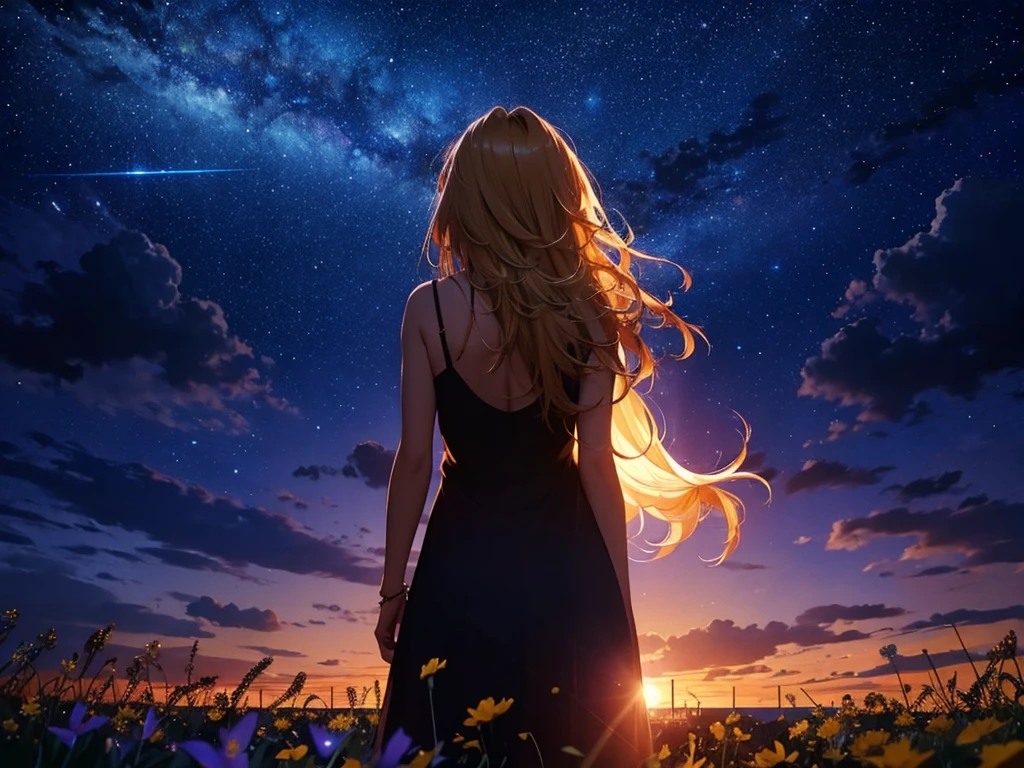 １people々々々々々々々々々々々々々々,Blonde long-haired woman， camisole，silhouette， Rear View，Space Sky, Flower Field，Colorful flowers