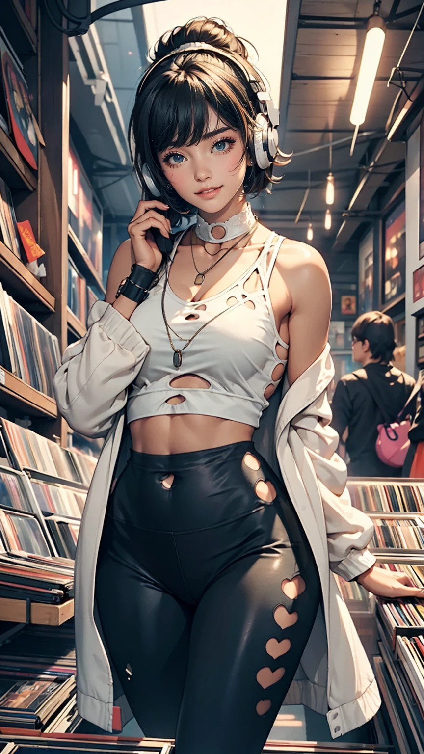 24-year-old female、Sheer front cut-out((front cutout))Wear tops、Wear low rise leggings、smile、View your viewers、Inside a record store in the 80s、Hang headphones around your neck、Hold up a Beatles record jacket and show it to the audience、I'm glad you found your purpose