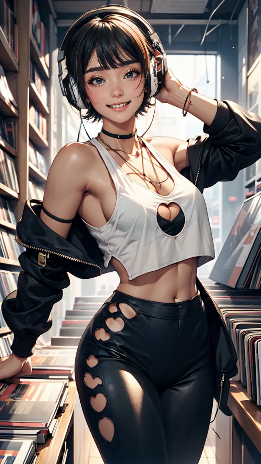 24-year-old female、Sheer front cut-out((front cutout))Wear tops、Wear low rise leggings、smile、View your viewers、Inside a record store in the 80s、Hang headphones around your neck、Hold up a Beatles record jacket and show it to the audience、I&#39;m glad you found your purpose