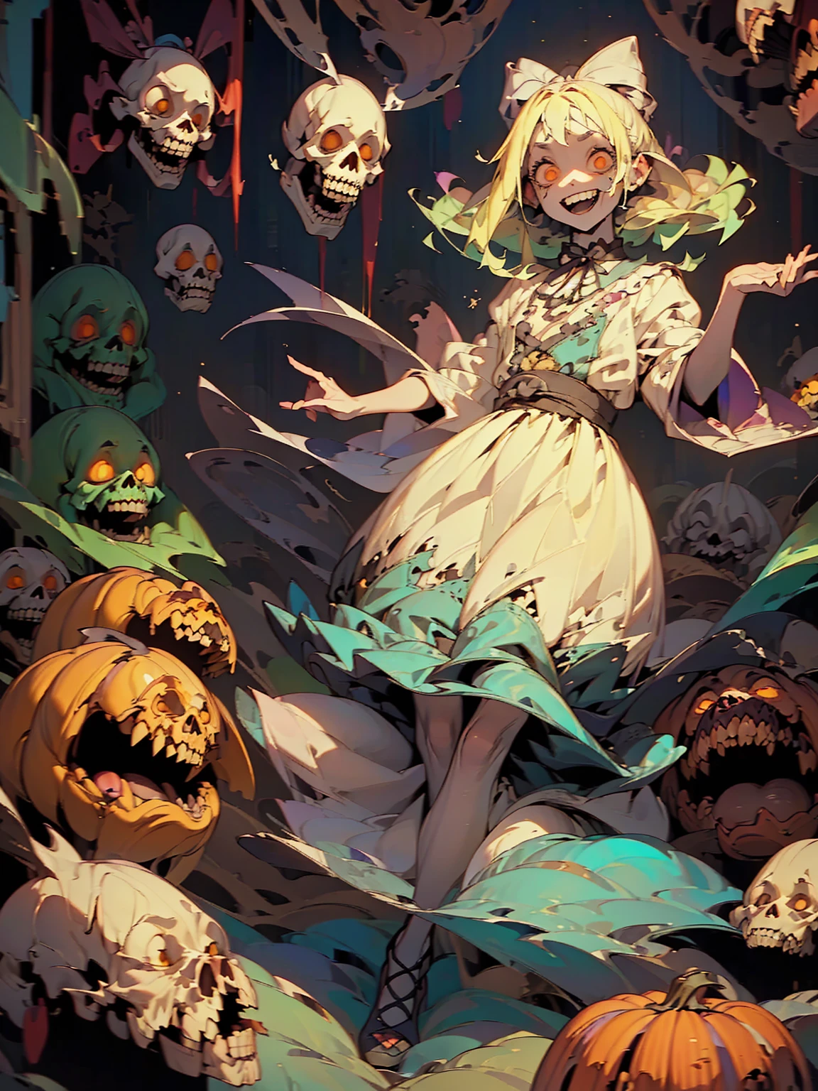 Gruesome and spooky details、An atmosphere full of suspense and tension、Psychological horror、Cute Smile、Mysterious and unsettling atmosphere、A terrifying moment、Nightmare scenario、Alice in Wonderland、Blonde、Big shoes、Enthusiastic atmosphere、Mischievous Smile、Expressive gestures、Comical movement、Psychedelic world