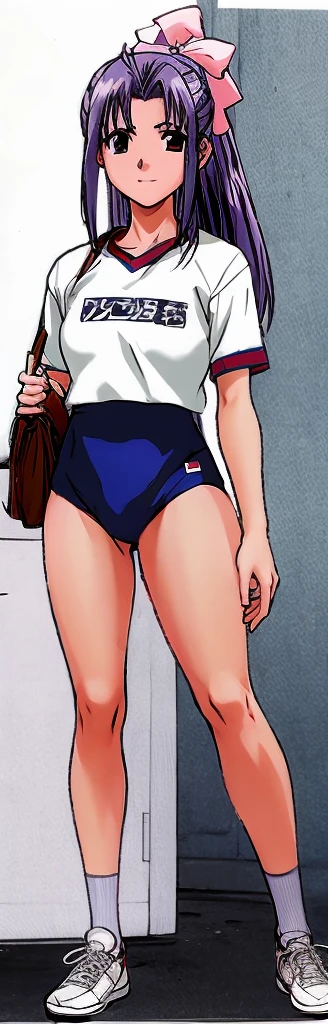 Momoko Koigakubo, a tall girl with beautiful legs, is standing in a white gym uniform and navy blue bloomers that look like panties.。