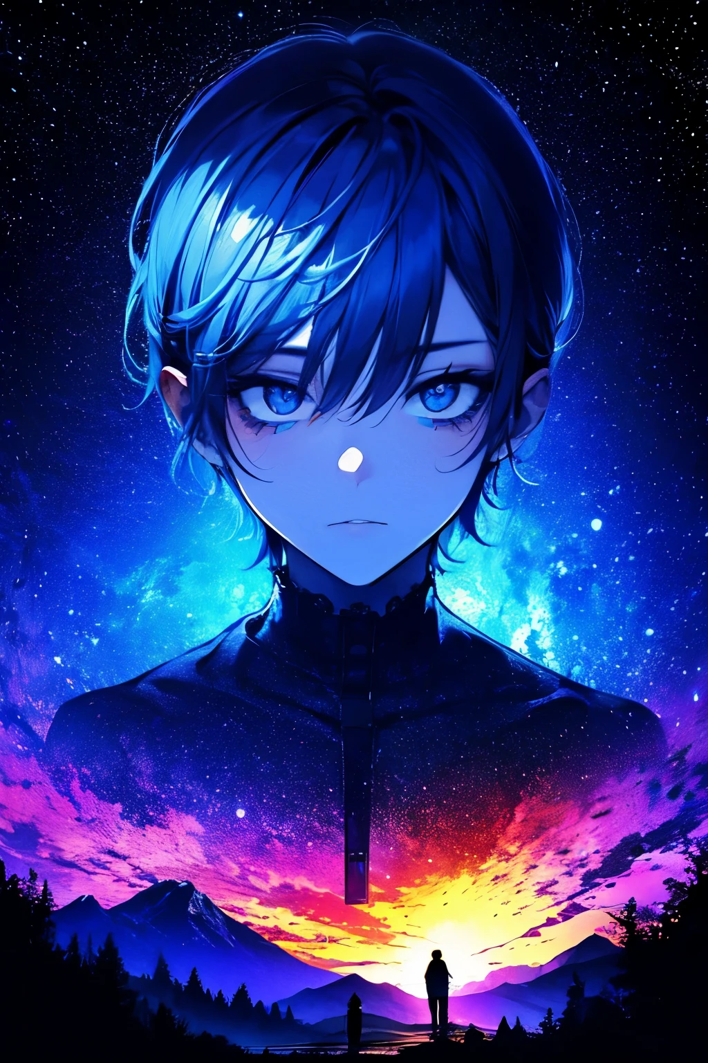 dreamlikeart, [light, paint, jwst, spiral galaxy, cosmic horrors beyond comprehension:ink, shadow,:0.25], big man, eyes, pupils, dublex, mountainous horizon, sun, [glitch|databending]