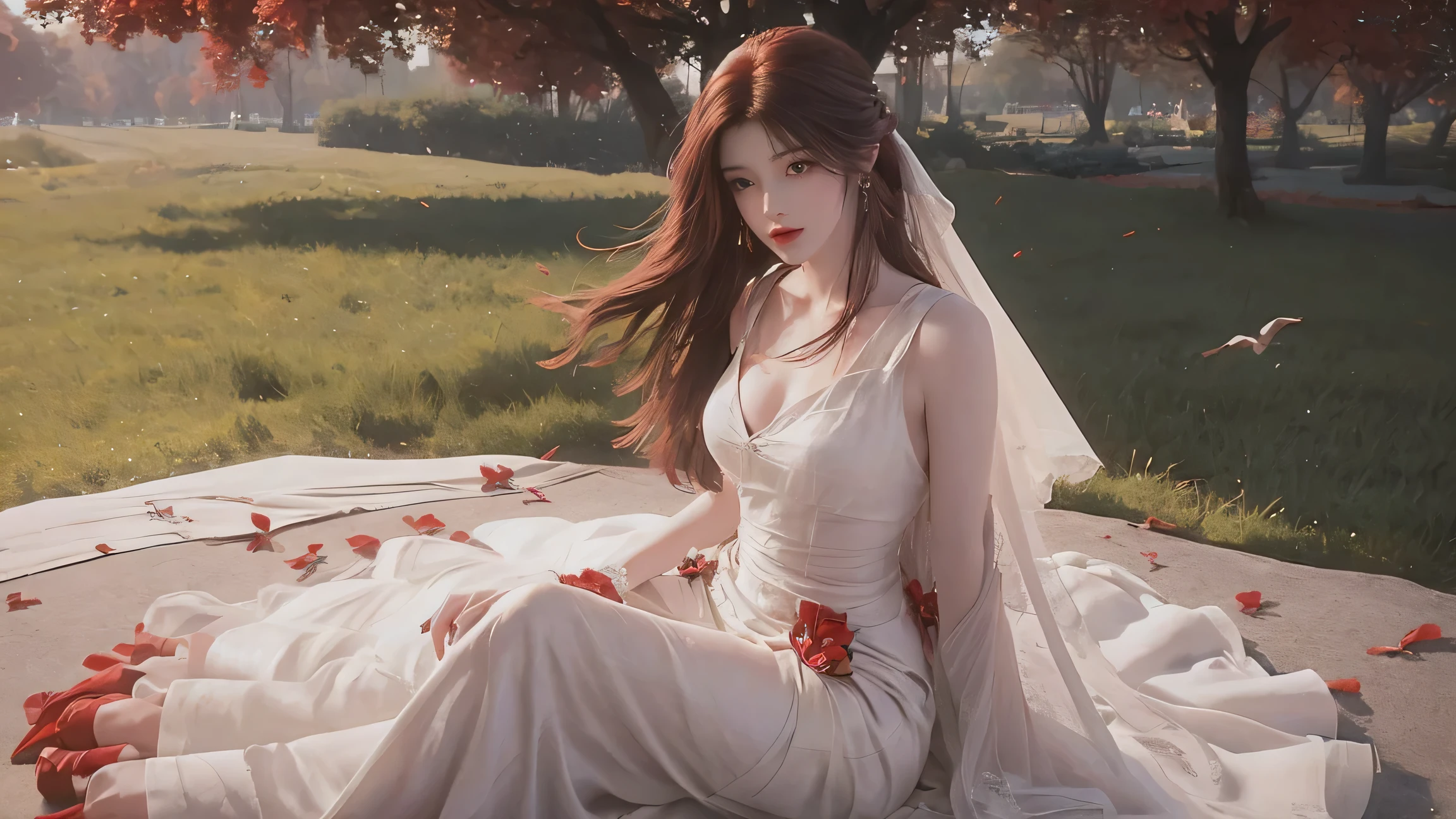 8K Ultra HD, Mastmis, A girl, Good face, Detailed, Eyes, Beautiful lips, Very red hair, dishiveredhair, Medium breasts, Wedding dress, White dress, In the park, Flying birds, blows wind, clear weather, Sitting, Full body capture,