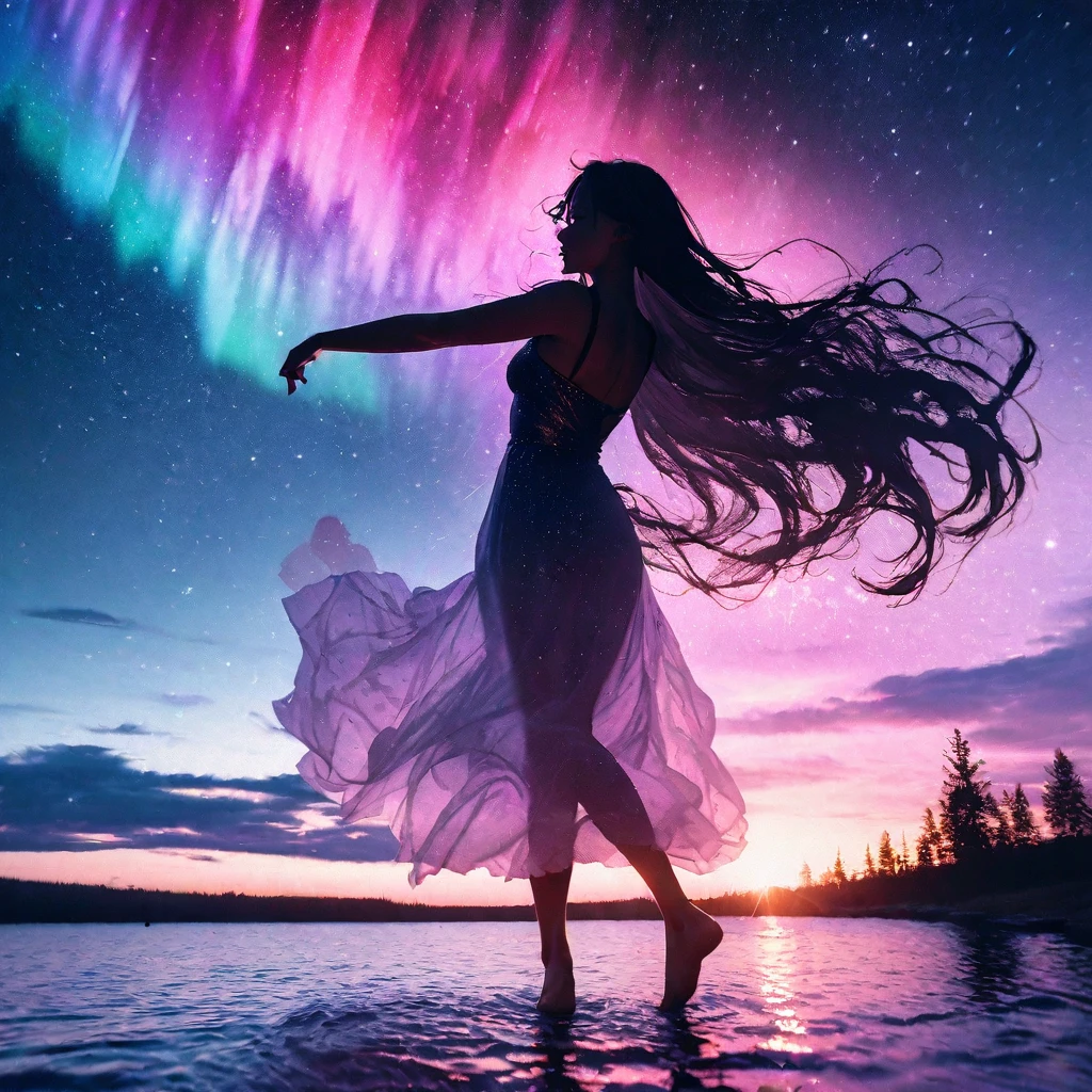 RAW Photos:1.2, masterpiece, highest quality, 16k, Unbelievably absurd, Very detailed, Perfect beauty, (Double exposure vibrant color silhouette:1.3), (Brightly colored overlapping silhouettes:1.2), (Water world photo landscape), Diamond dust, Starry sky with aurora, A flowing, sheer dress, Long flowing hair, (lake:1.2), (Realistic photo scenery), (Starlight), (Dancing Girl), Portraiture