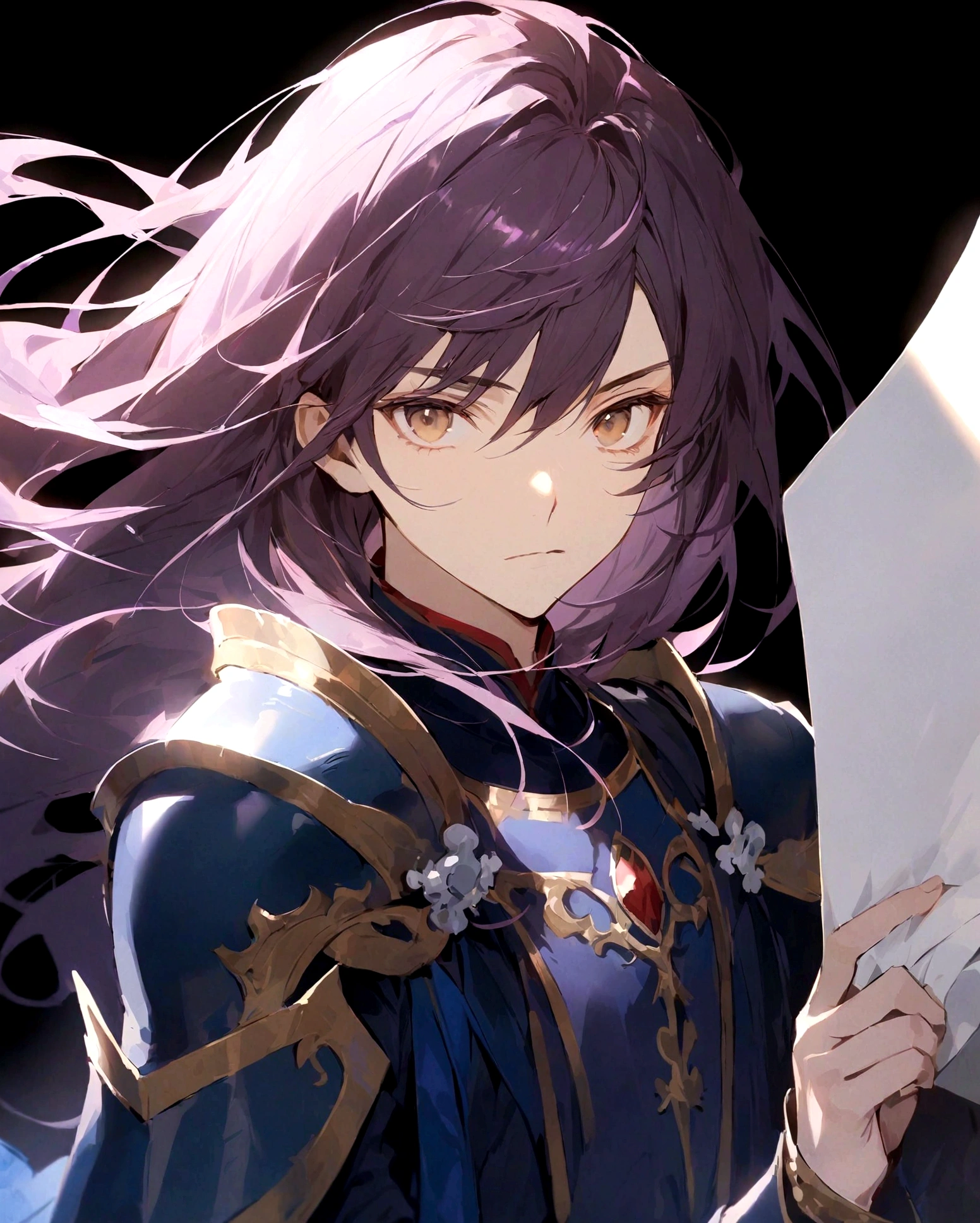 solo, long hair, looking at viewer, 1boy, holding, brown eyes, closed mouth, upper body, purple hair, male focus, armor, black background, paper, holding paper