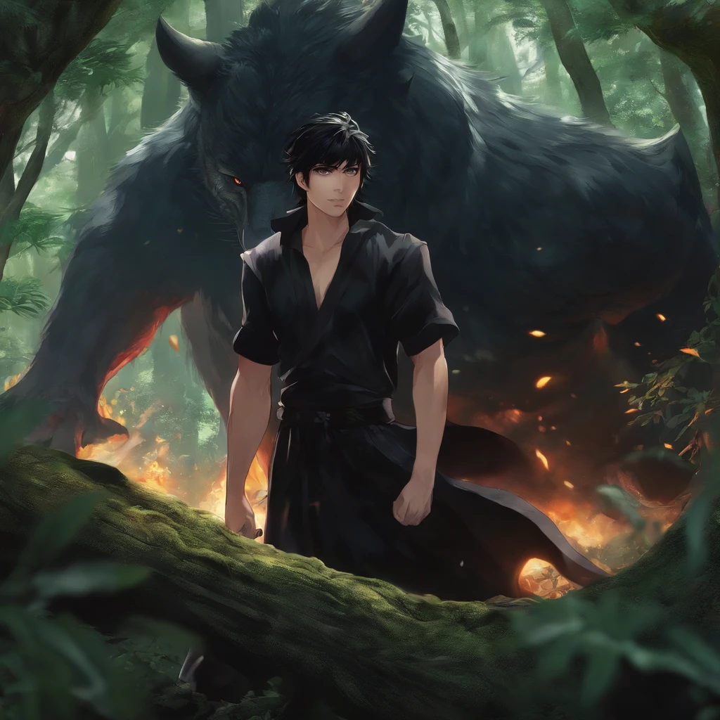Black hair, black eyes, black dress, anime male, fighting monster, forest