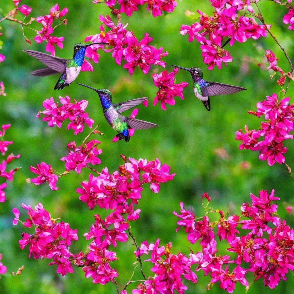 A magnificent hummingbird bush in bloom, masterpiece, 3D art, very colorful and stunning 