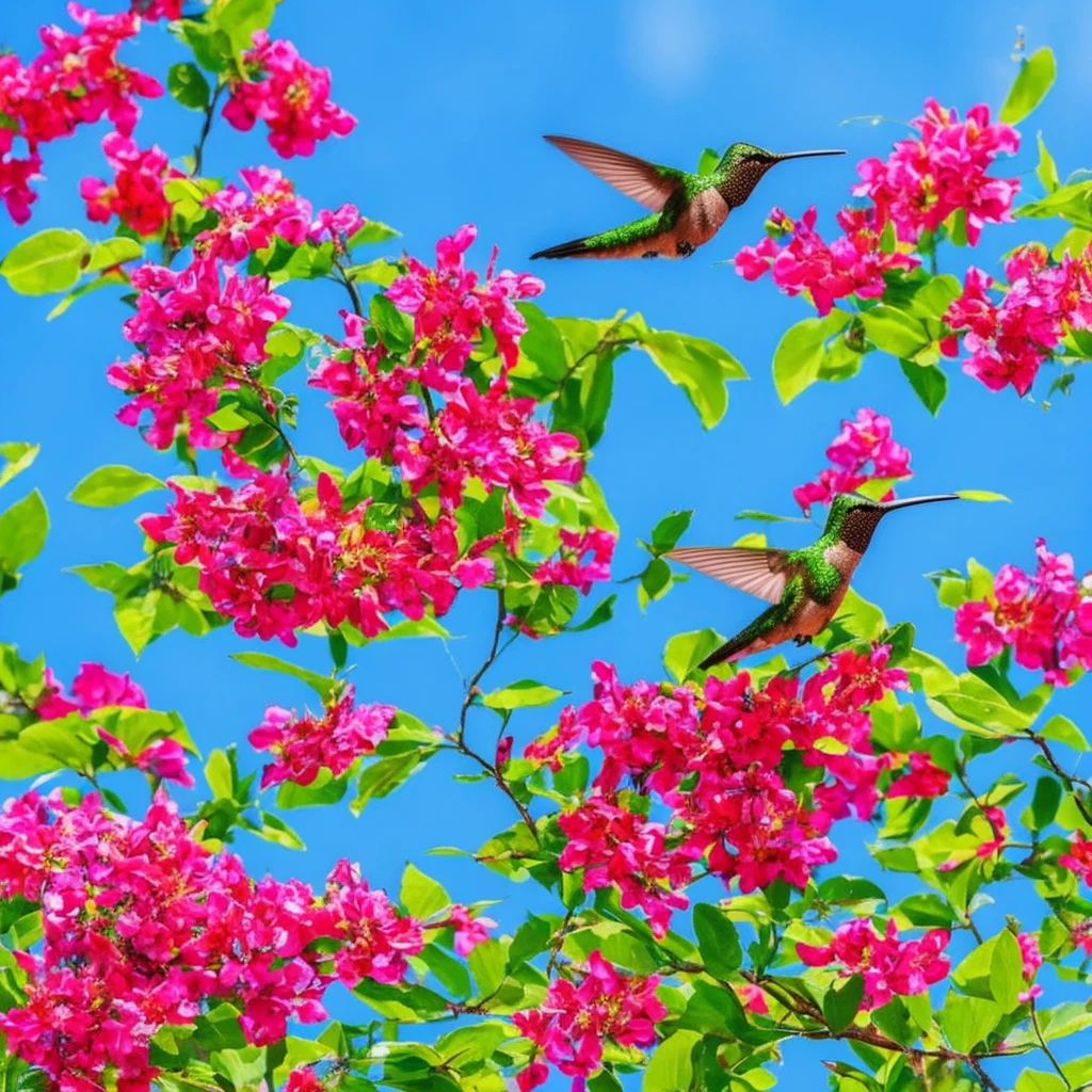 A magnificent hummingbird bush in bloom, masterpiece, 3D art, very colorful and stunning 