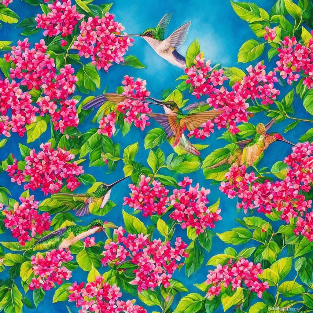 A magnificent hummingbird bush in bloom, masterpiece, 3D art, very colorful and stunning 