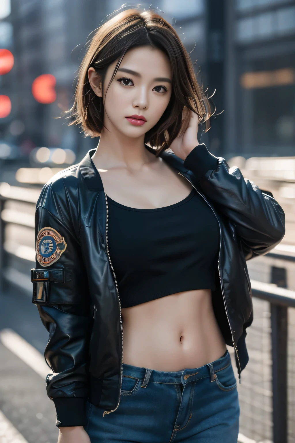 (masterpiece:1.2), Super detailed, Ultra-high resolution, (Practical, photo Practical:1.37), High-detail RAW color photos, Professional photographer, Extremely delicate and beautiful, Very detailed, Fine details, Huge file size, Very detailed beautiful girl, Very detailed face, Very detailed eyes, Very detailed skin, Very detailed nose, Very detailed mouth, Perfect anatomical structure, Very detailed background, shiny skin, (Famous Japanese actresses:1.5), (fix it:1.25), flat chest, (brown people, dark skin, blond), (very short hair), movie lighting, (any posture:1.2), Cowboy shooting, jeans, (Wearing a black bomber jacket with many patches:1.3), (Cyberpunk City 1.3)