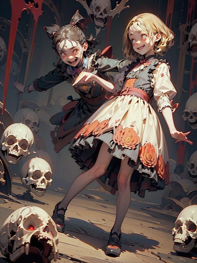 Gruesome and spooky details、An atmosphere full of suspense and tension、Psychological horror、Cute Smile、Mysterious and unsettling atmosphere、A terrifying moment、Nightmare scenario、Alice in Wonderland、Blonde、Big shoes、Enthusiastic atmosphere、Mischievous Smile、Expressive gestures、Comical movement、Psychedelic world