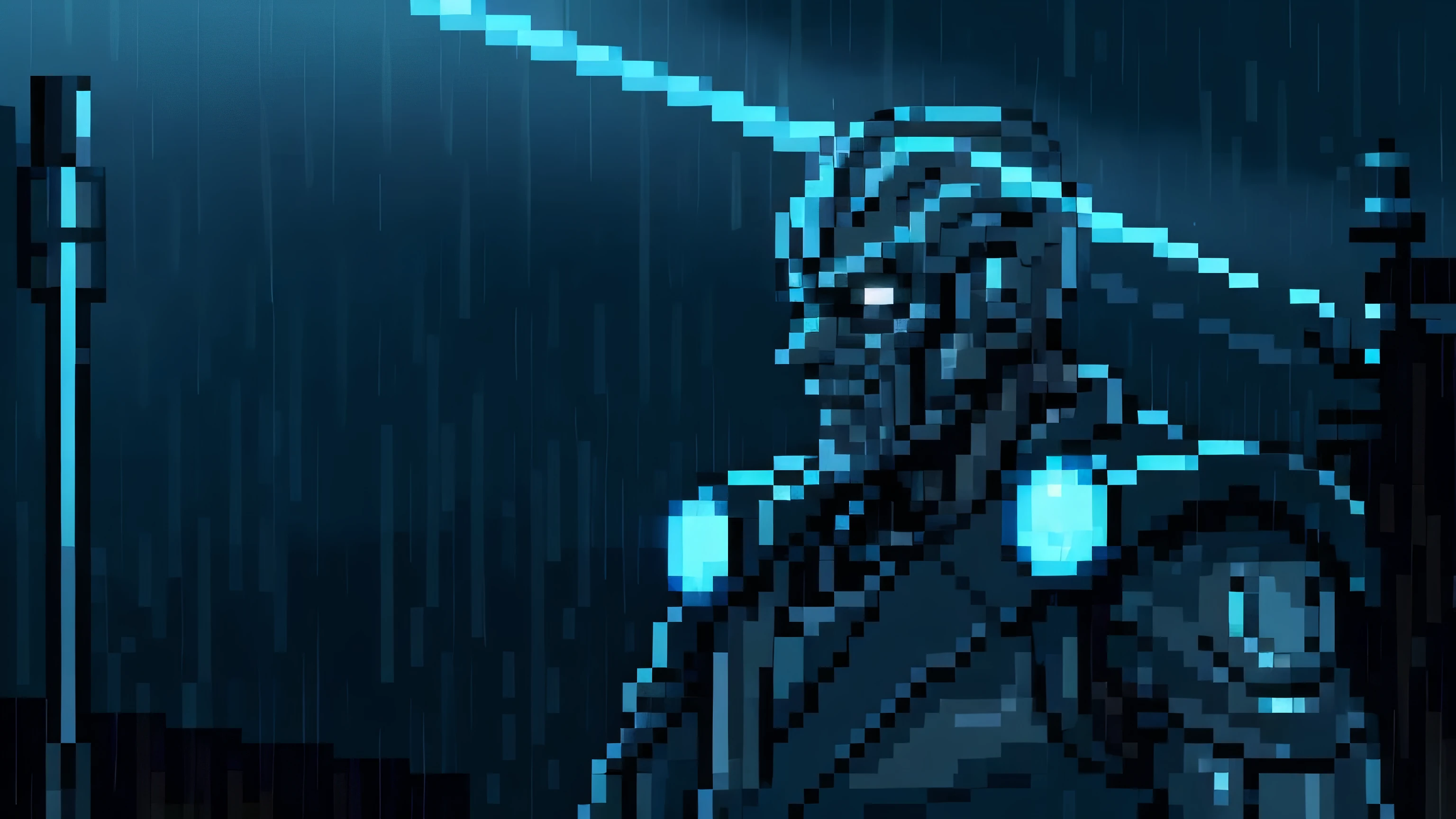pixel art,pixel perfect, in a city, pouring rain,detailed environmental textures,moody atmospheric lighting,cinematic composition,intricate details,vibrant colors,dramatic lighting,volumetric fog,realistic shading,masterpiece,an old male robotic cyborg, cyborg has an off colored eye, cyborg is holding a blue saber