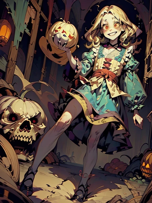 Gruesome and spooky details、An atmosphere full of suspense and tension、Psychological horror、Cute Smile、Mysterious and unsettling atmosphere、A terrifying moment、Nightmare scenario、Alice in Wonderland、Blonde、Big shoes、Enthusiastic atmosphere、Mischievous Smile、Expressive gestures、Comical movement、Psychedelic world