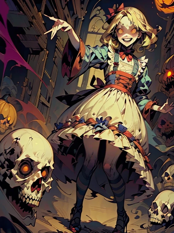 Gruesome and spooky details、An atmosphere full of suspense and tension、Psychological horror、Cute Smile、Mysterious and unsettling atmosphere、A terrifying moment、Nightmare scenario、Alice in Wonderland、Blonde、Big shoes、Enthusiastic atmosphere、Mischievous Smile、Expressive gestures、Comical movement、Psychedelic world