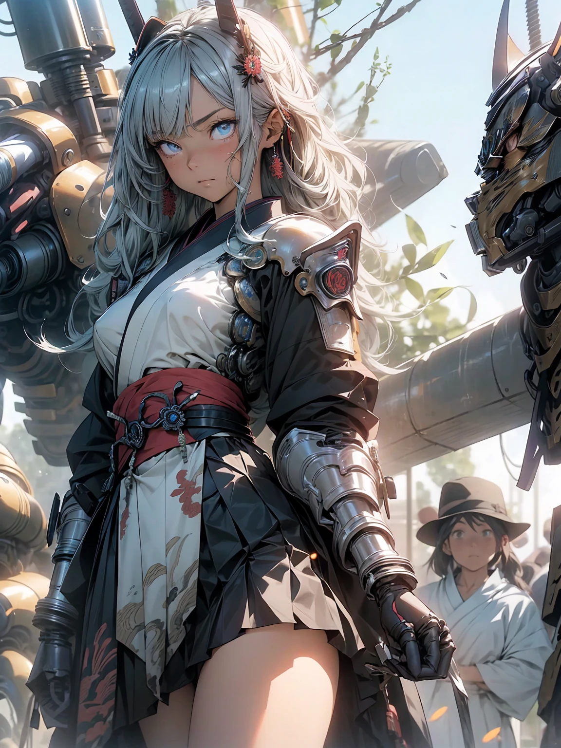 (Subtle manga style:1.1), Cool Beauty, (One Woman:1.0), (20-year-old:1.0), (Small breasts:1.2), Fractal Art、Abstract background、(Cowboy Shot:1.0), (Written boundary depth:1.1), Blake(Anime Face:1.0), (Clear blue eyes:1.0), (Cybernetic Genoid:1.1), (Very detailed mech suit:1.3), (Long golden hair:1.0), (black luxury samurai kimono)、(skirt:1.3), (Decorative embroidery:1.0), (Angel Wings:1.1), high class mechanical armor、Hawken、Shut your mouth.、Detailed face、Fine grain