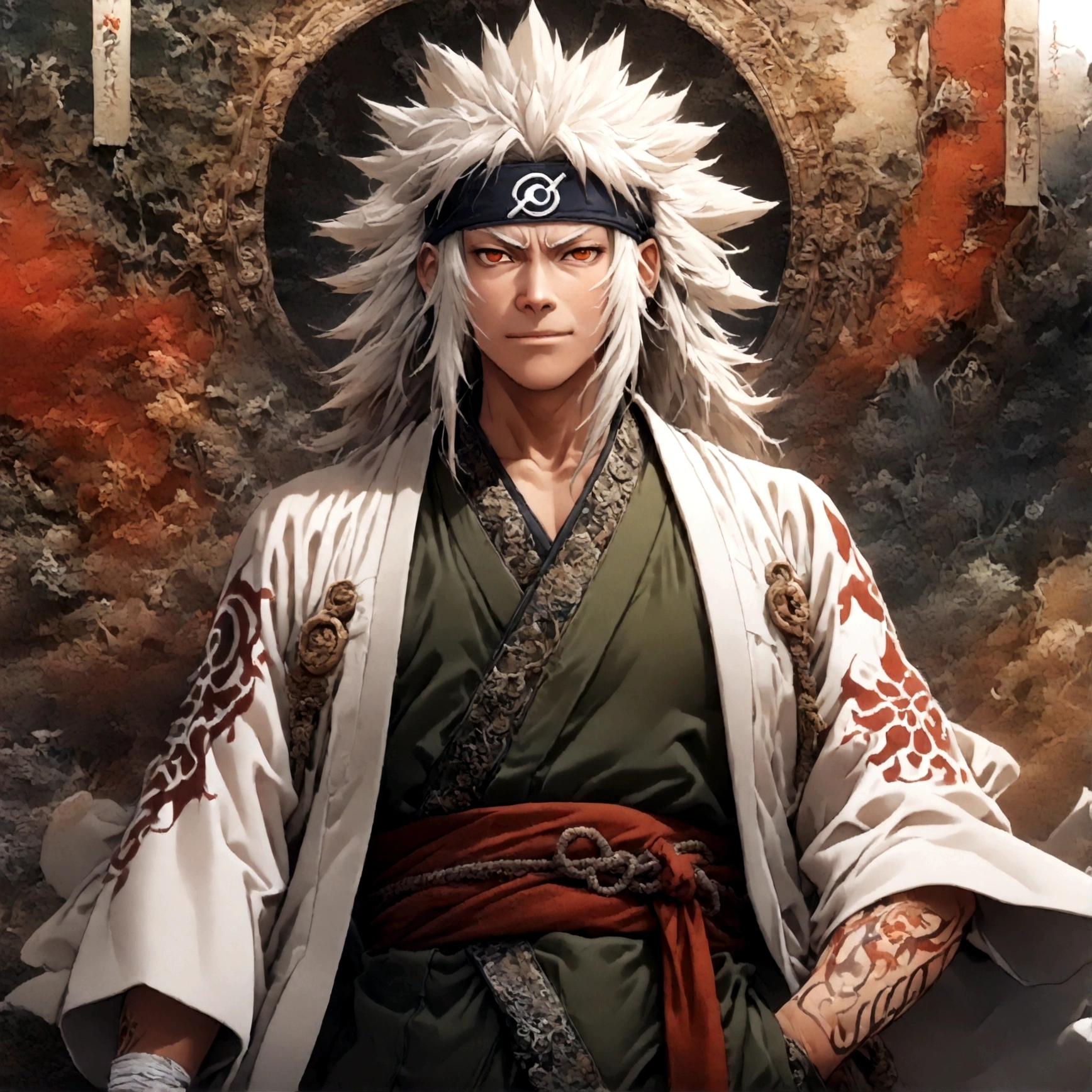 (1 middle-aged male,jiraiya,Green kimono,White Haori),solo,comics『NARUTO』Characters in,,Ninjutsuの使用,Battle Style,Cynical Smile,Ninjutsuのエフェクト,Enjoy the battle,Moderate dirt,,tattoo,Forehead protector,Digital Art,An illustration,Intricate details,Intricate details,Wide range of colors,artwork,rendering,,(highest quality:1.4),(Very detailed:1.5),High resolution,Very detailed,unity 8k wallpaper,Draw artistic background,yin and yang,Five Elements,Ninjutsu,