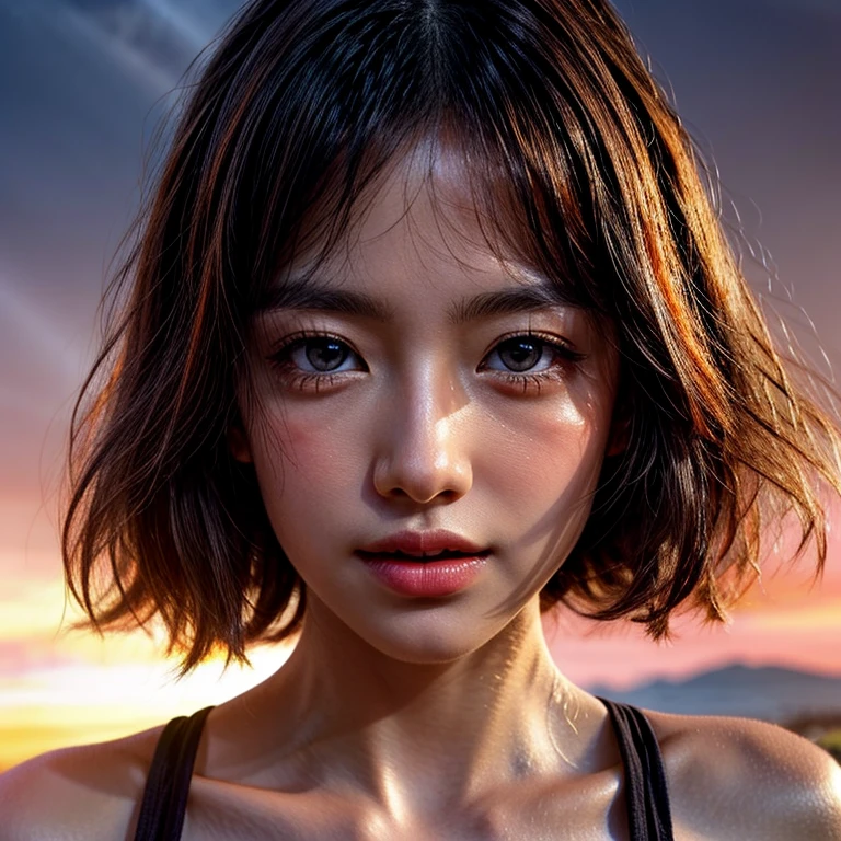 Supergirl、Tropical Beach、evening、Stroll along the beach、(Gazing at the colorful sunset)、(Orange rays illuminating face, close-up:1.7)、(((Extremely detailed NOGIZAKA face))), perfect anatomy, Childish, captivating gaze, elaborate detailed Eyes with (sparkling highlights:1.2), long eyelashes、Glossy RED Lips with beautiful details, Coquettish tongue, Rosy cheeks, Radiant natural skin texture . { (Dynamic joyful expressions) | :d) }, Random eye color, (large eyes:-1) .