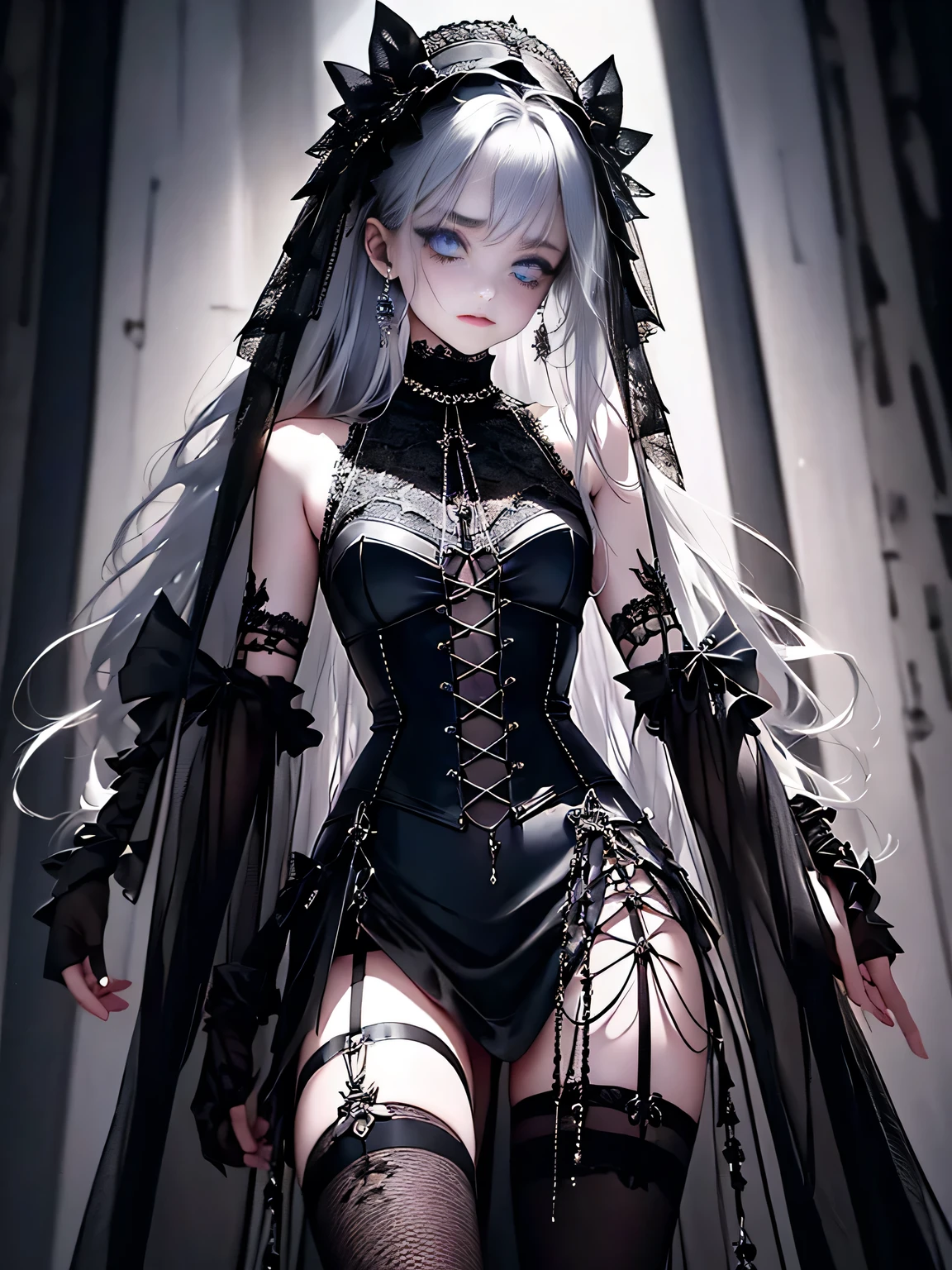 high resolution、8k、oil、1 Girl、18 years old、solo、Slim body、Gothic ta Fashion、Gothic Western-style buildingのホールに立っている、Cowboy Shot、Watching the audience、(Blue Eyes、Slit eyes、Dark eyeshadow:1.3)、Silver straight long hair、Trimmed bangs、Tightly knotted mouth、Ear piercing、choker、Black and white gothic corset dress、Gothic decorated dress、Tulle lace、Black Ribbon、Tattoo on arm、bandage、Torn striped stockings、Patent leather high heel boots、Gothic Horror、Terror、skull、Rose、Gothic Western-style building、Murder scene、Dynamic Angle、