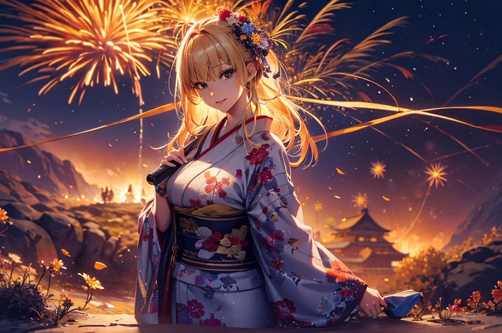 masterpiece, high quality, 4K, Beautiful design, silhouette,blonde, 非常に詳細な夜のStarry Sky,Flower Field, wonderful, Finer details, Very knowledgeable woman, Highly detailed solo, 1 female,Big Breasts,Red color yukata,Night view,Starry Sky,Fireworks in the background,