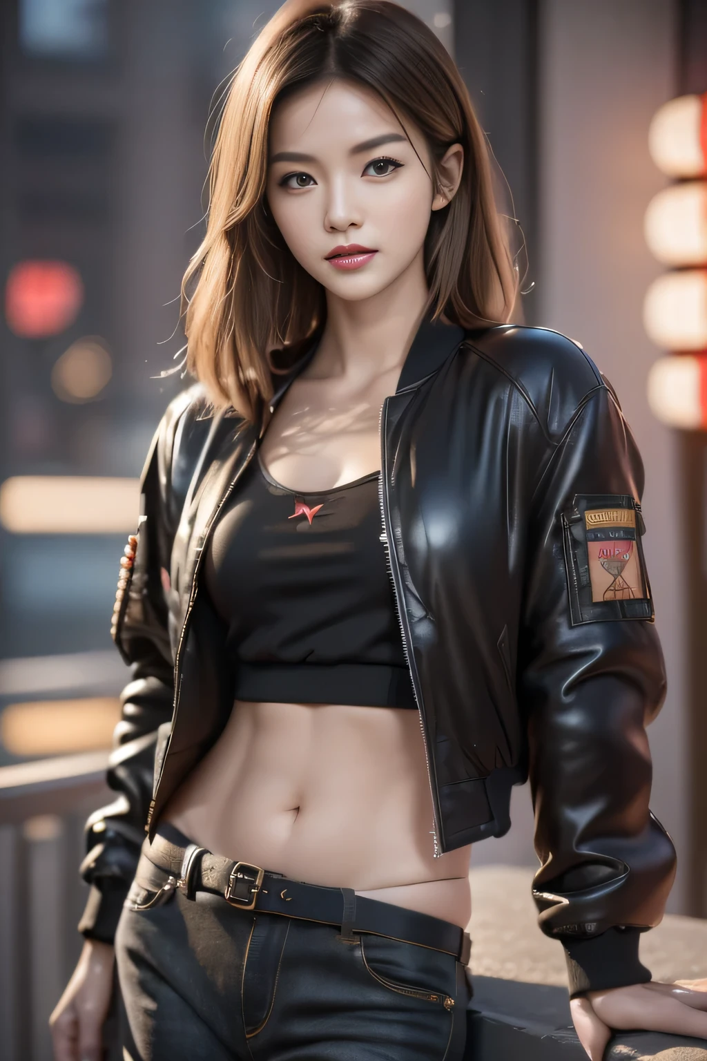 (masterpiece:1.2), Super detailed, Ultra-high resolution, (Practical, photo Practical:1.37), High-detail RAW color photos, Professional photographer, Extremely delicate and beautiful, Very detailed, Fine details, Huge file size, Very detailed beautiful girl, Very detailed face, Very detailed eyes, Very detailed skin, Very detailed nose, Very detailed mouth, Perfect anatomical structure, Very detailed background, shiny skin, (Famous Japanese actresses:1.5), (fix it:1.25), flat chest, (brown people, dark skin, blond), (very short hair), movie lighting, (any posture:1.2), Cowboy shooting, jeans, (Wearing a black bomber jacket with many patches:1.3), (Cyberpunk City 1.3)