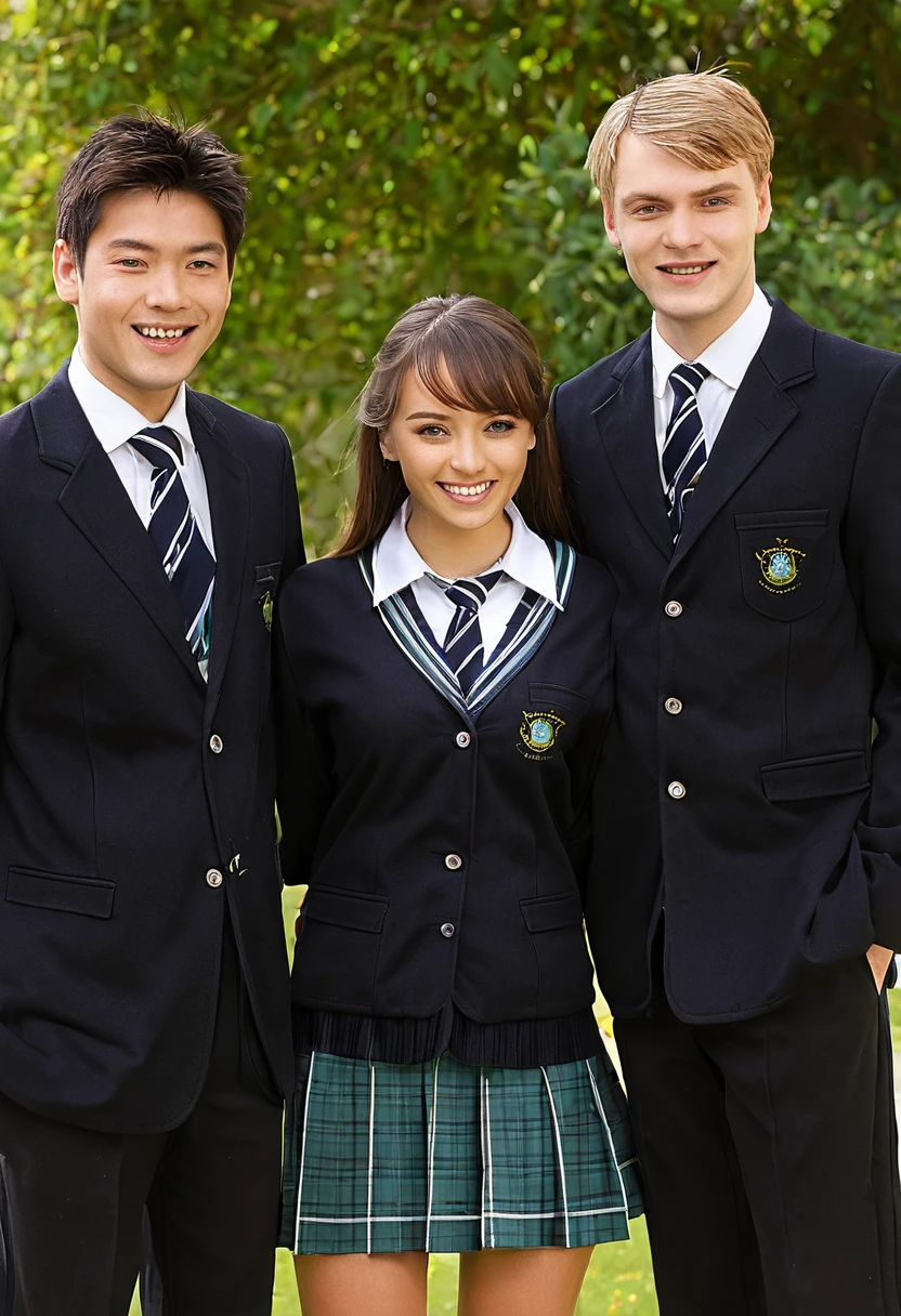 2 men and 1 woman in school uniforms