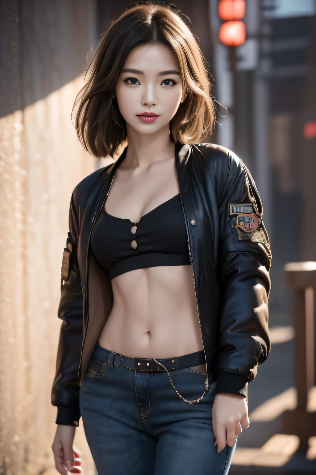 8K,Twin sister wearing casual clothes,Super beautiful(like the real thing),My sister is short and has a glamorous figure.,big breasts,blue combat jacket,sexy,luxury white shirt,black combat shorts,sharp eyes,black eyes,grim expression,masterpiece,Photorealistic RAW photos of the highest quality。bright colors,rich colors, Backlight, cinematic lighting, film grain, to be born, 50mm lens, Nikon D850,detailed character art,fantasy art,ultra high resolution,super realistic skin,Perfect hand shape,In front of the abandoned temple,beautiful expression,dynamic pose,fighting pose,Throwing knives,blue combat jacket,