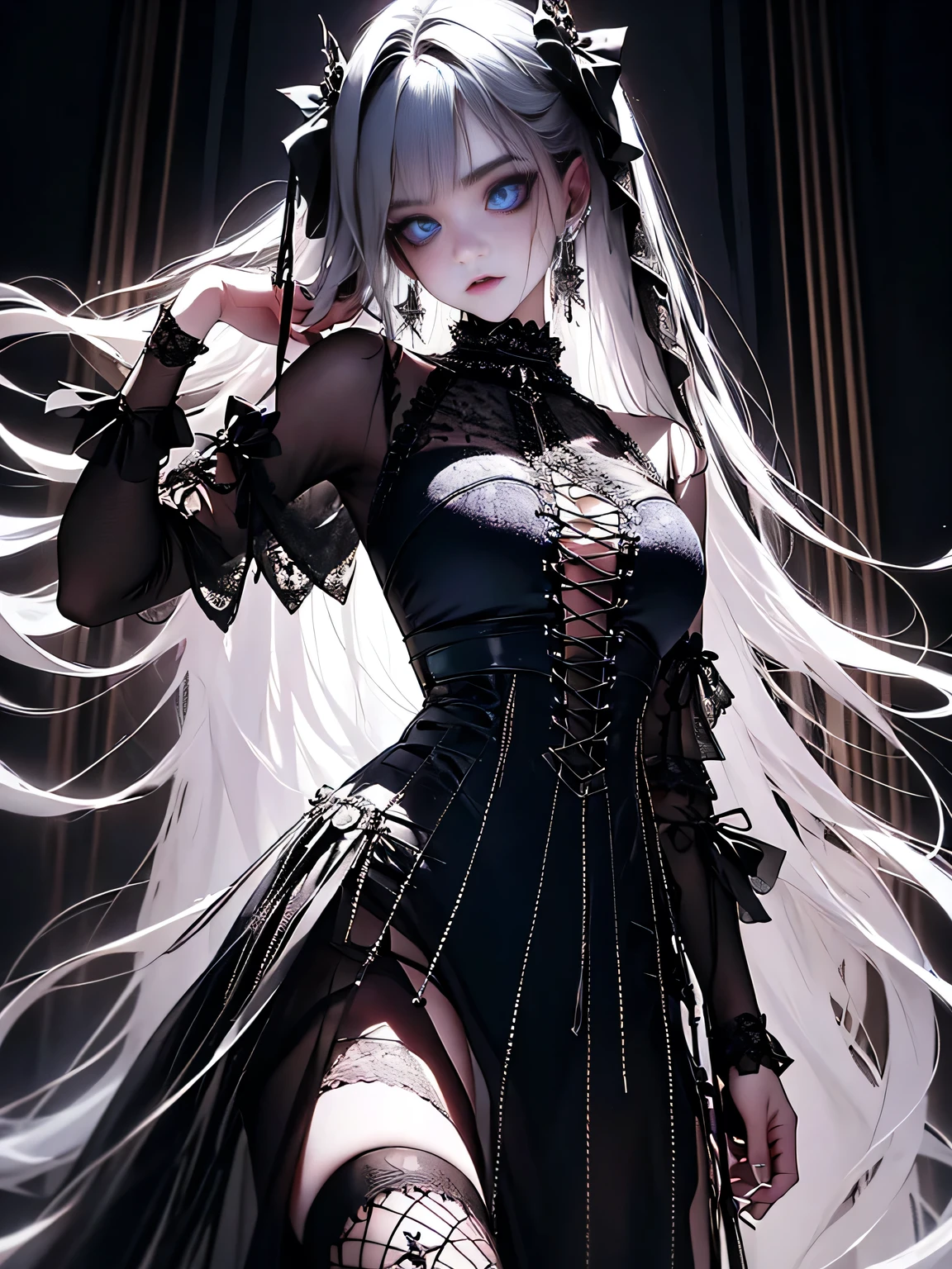 high resolution、8k、oil、1 Girl、18 years old、solo、Slim body、Gothic ta Fashion、Gothic Western-style buildingのホールに立っている、Cowboy Shot、Watching the audience、(Blue Eyes、Slit eyes、Dark eyeshadow:1.3)、Silver straight long hair、Trimmed bangs、Tightly knotted mouth、Ear piercing、choker、Black and white gothic corset dress、Gothic decorated dress、Tulle lace、Black Ribbon、Tattoo on arm、bandage、Torn striped stockings、Patent leather high heel boots、Gothic Horror、Terror、skull、Rose、Gothic Western-style building、Murder scene、Dynamic Angle、