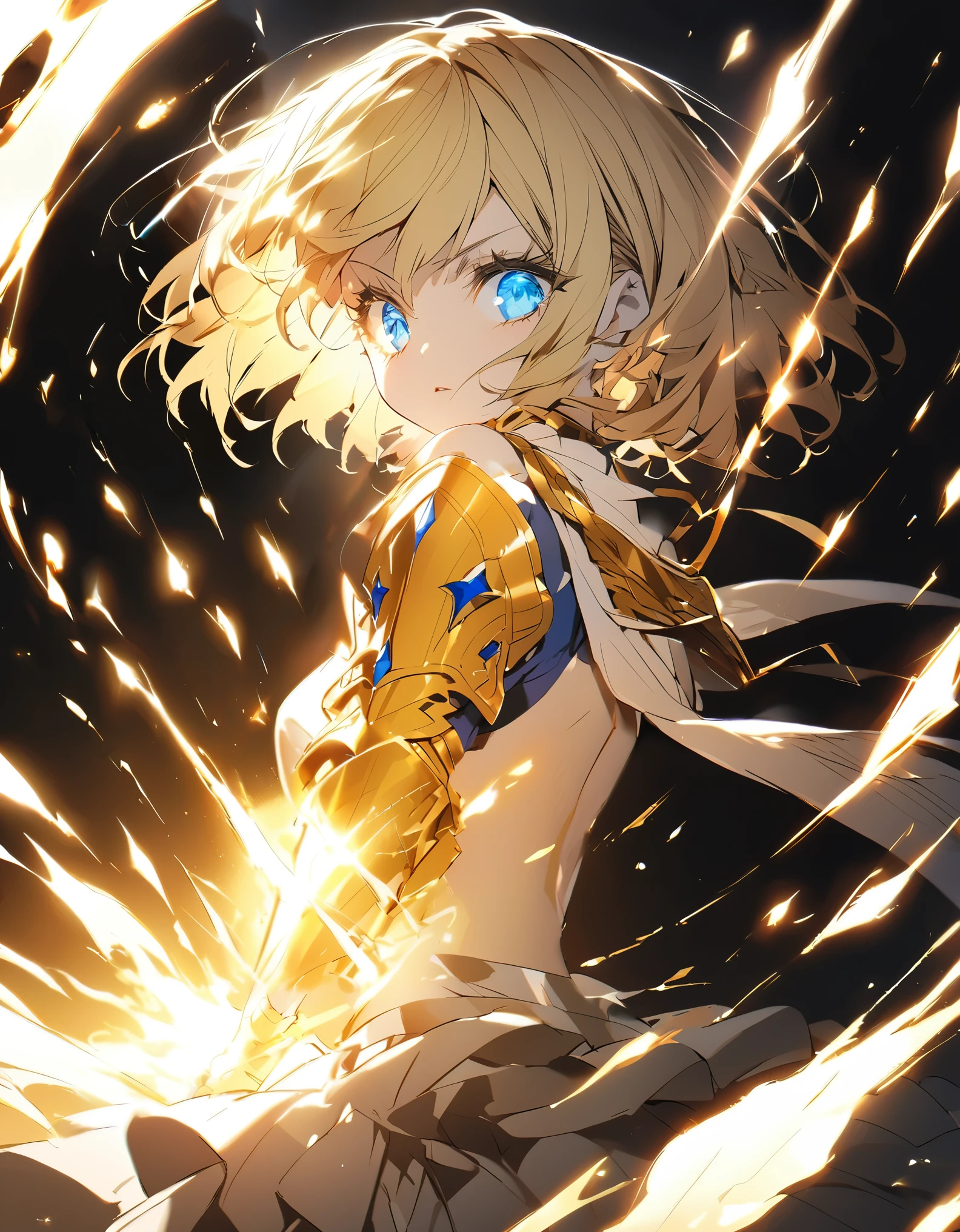 (Black background)High contrast Golden glowing flames all over the body(Shining Light:1.5) Wings of light