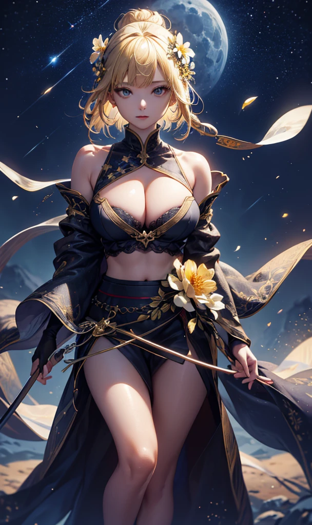 masterpiece, high quality, 4K, Beautiful design, silhouette，blonde， 非常に詳細な夜のStarry Sky,Flower Field， wonderful, Finer details,  Very knowledgeable woman, Highly detailed solo, 1 female,Big Breasts，Tube top dress，Night view，Starry Sky，full moon，