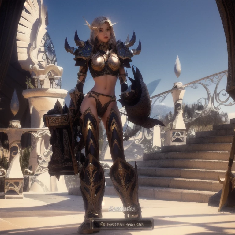 araf female character in a game setting with a sword, ornate bikini armor, armadura do mundo de warcraft, women's knight bikini armor, paladina feminina, gorgeous paladina feminina, epic paladin armor, picture of paladina feminina, armadura refletida de cor de fogo preto, usando peitoral brilhante, fuchsia skin below the armor, uau 4 k detalhe fantasia, enormes ombreiras