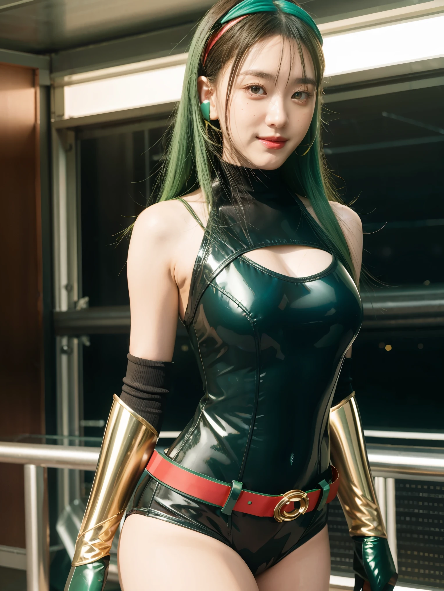 (extremely detailed CG), (best quality), 1girl,solo perfect face, shiny skin, lustrous skin, wide hips, narrow waist, kamen rider zero-two, ZeroTwo, rider belt, green armor, bodysuit, green armor,gloves, black bodysuit, red gloves HeroineIzu ,,aqua eyes, green hair,multicolored hair,humagear_headphones,black hair, bangs, short hair, ,indoors,own hands together, smile,