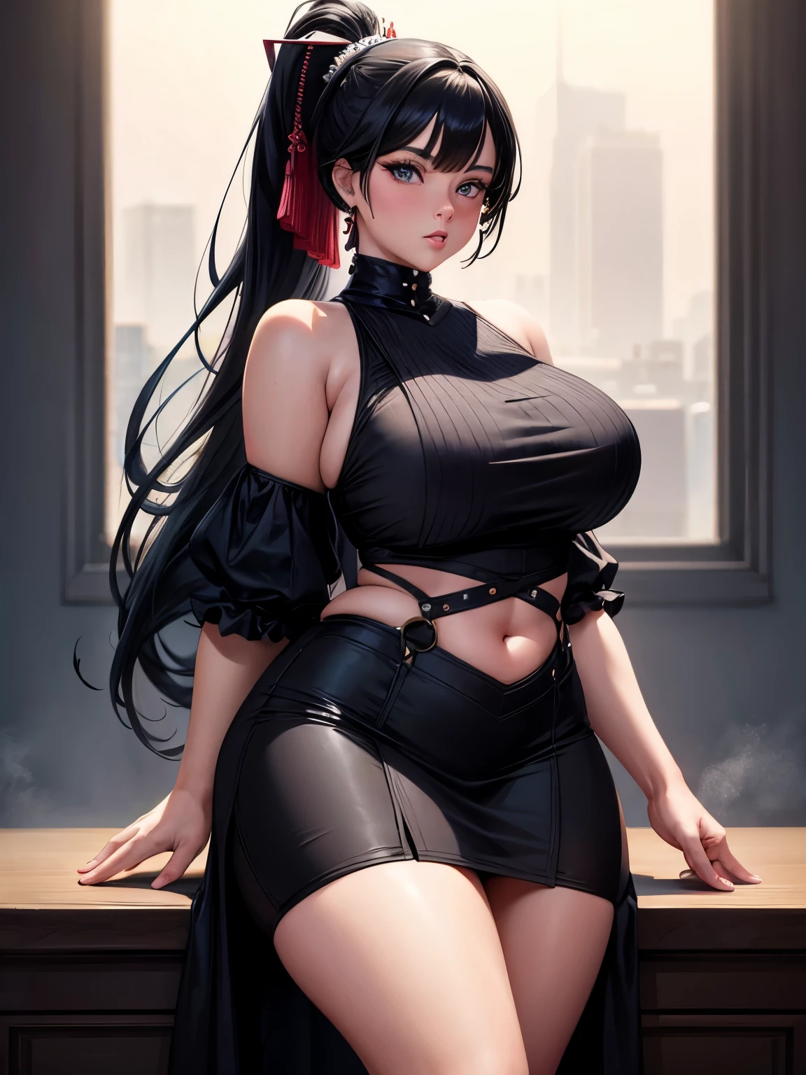close-up of a 20 age chubby woman nsfw in a no dress, sleeveless, dark eyes, legs, long black ponytail hair, stunning beautiful artwork, maximalist, by artgerm, 8k anime artwork, 8k photo, trending on artstation.