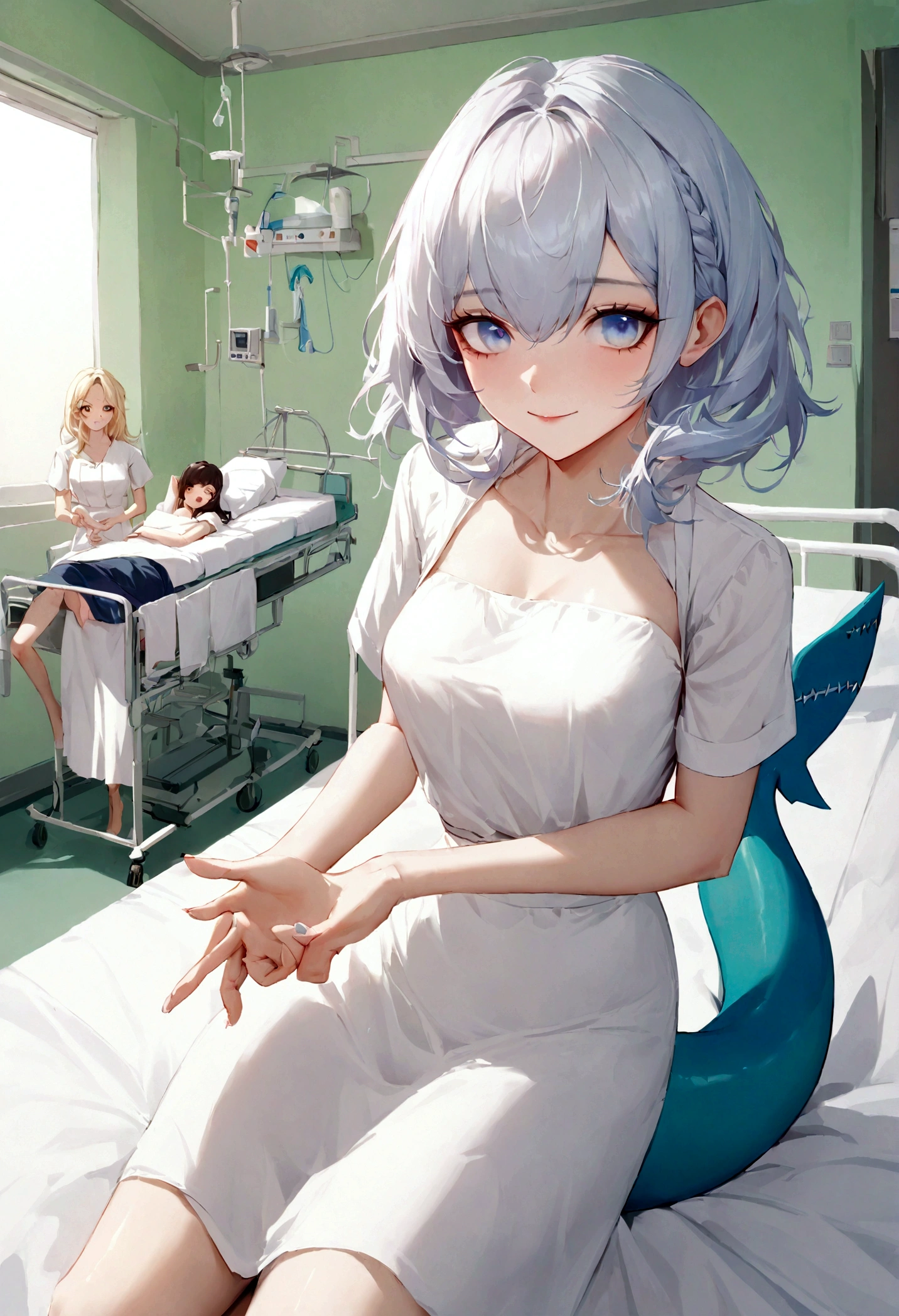 White_Nurse_,White_Nurse_skirt,absolute_Liang Kee,Hospital,beautiful_hair,shark_tooth,shark_Tail,Light_blue_Eye,1_beautiful_girl,Lovely_Face,beautiful_Face,最OK_quality,OK_anatomy,beautiful