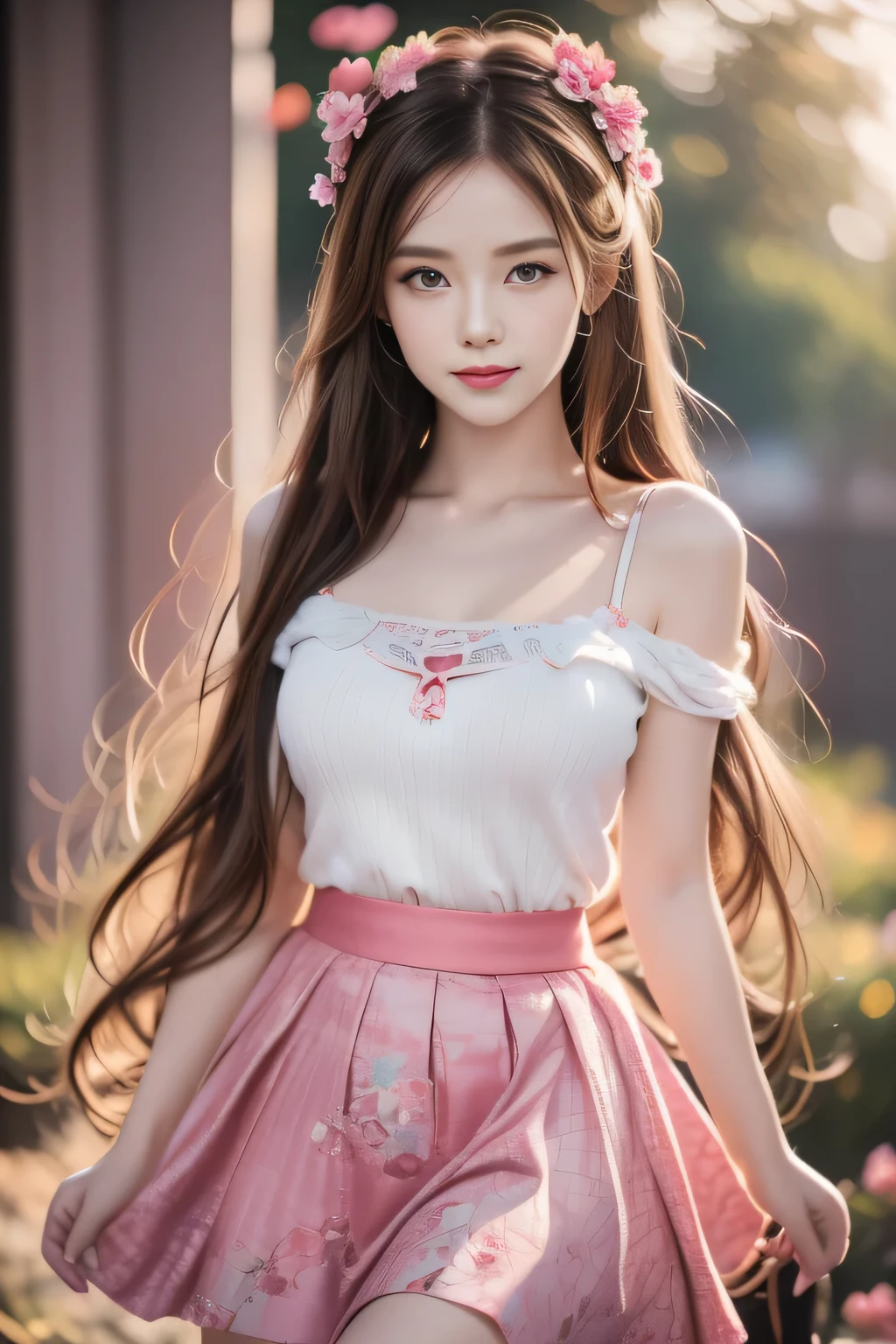 Anime style girl,Long hair,Wearing flowers on the head, Cute anime girl in a beautiful skirt, Beautiful anime girl, Lovely and detailed digital art, Beautiful anime portrait, guweiz on pixiv artstation, Artwork in the style of Guweiz, guweiz on artstation pixiv, Detailed digital animation art, Anime style 4K