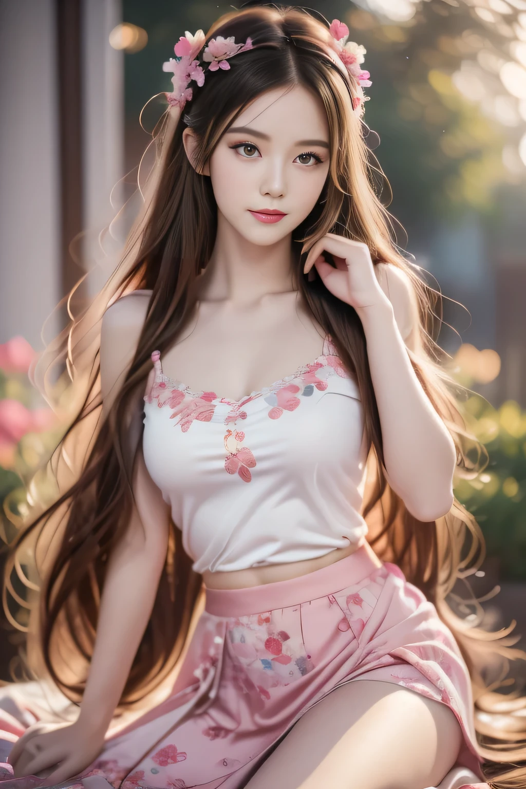 Anime style girl，Long hair，Wearing flowers on the head, Cute anime girl in a beautiful skirt, Beautiful anime girl, Lovely and detailed digital art, Beautiful anime portrait, guweiz on pixiv artstation, Artwork in the style of Guweiz, guweiz on artstation pixiv, Detailed digital animation art, Anime style 4K