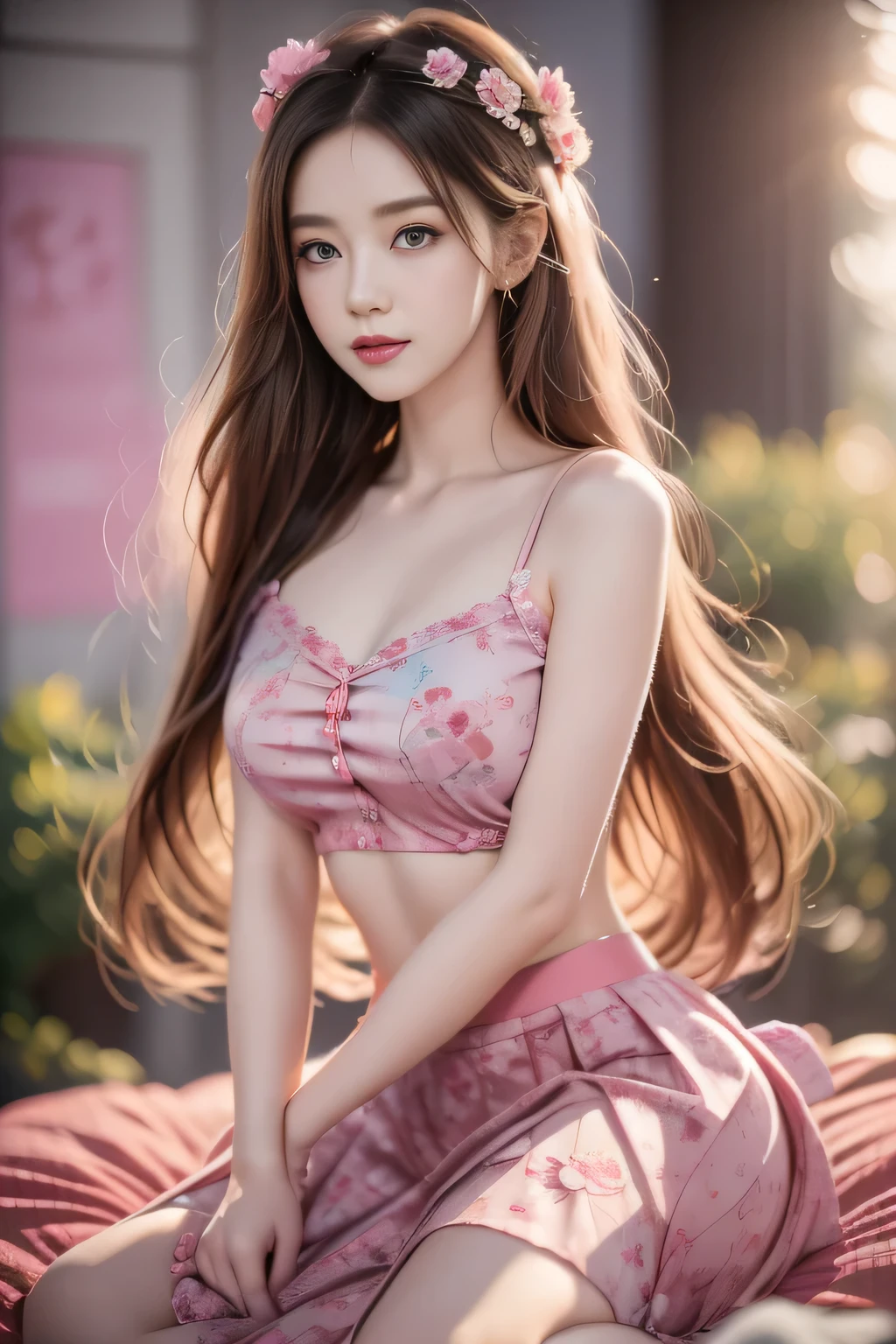 Anime style girl,Long hair,Wearing flowers on the head, Cute anime girl in a beautiful skirt, Beautiful anime girl, Lovely and detailed digital art, Beautiful anime portrait, guweiz on pixiv artstation, Artwork in the style of Guweiz, guweiz on artstation pixiv, Detailed digital animation art, Anime style 4K