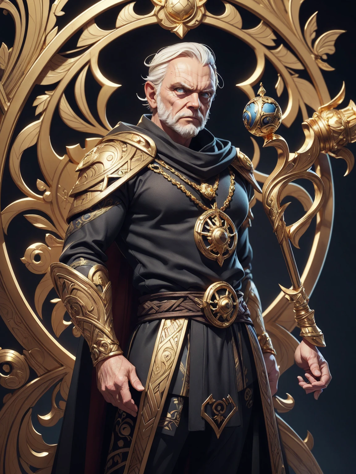 ((Art Nouveau Style)); Anthony Hopkins as Marvel Comics Odin in a stoic pose; ((Traditional Odin outfit)); standing; ultrarealistic skin, ultrarealistic face; ultrarealistic body; ((ultrarealistic gold ornaments)); detailed skin; ultra detailed eyes; ultra detailed face; full body symmetrical with thick lines, Fibonacci, golden ratio, 3D metal structure tessellation, neural graphic, neurons, color, love, passion, incredibly detailed, 8k, masterpiece, artstation, surreal