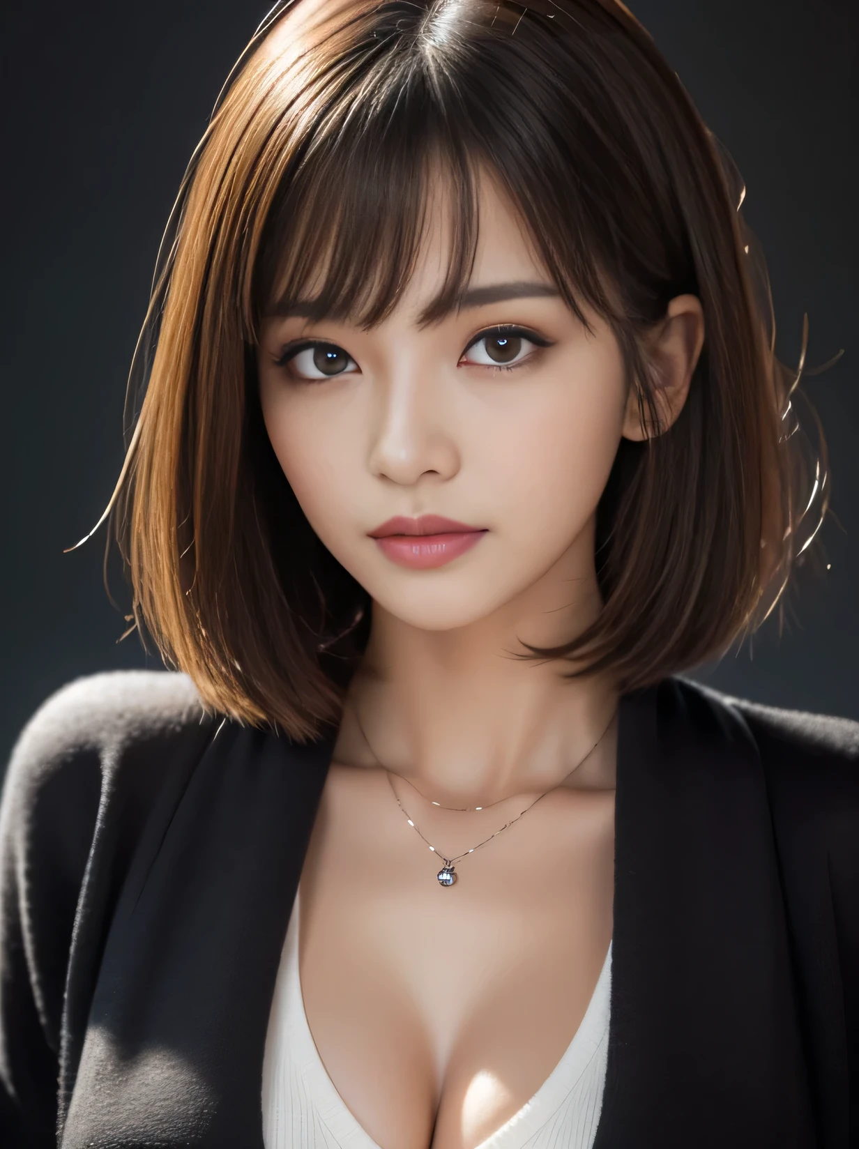 masterpiece, best quality, ultra-detailed, intricately detailed hyperdetailed, realistic, sharp features, highly detailed, sharp focus, 17 years old, perfect face, perfect face, perfect symmetrically perfect eyes, perfect full lips, flexible female form, cinematic, film light, hyper detailed, hyper realistic, high resolution, vibrant, dynamic studio lighting, ((Dark background)), short hair, straight Bangs, cleavage, brown Eyes, White sweater, cowboy shot,