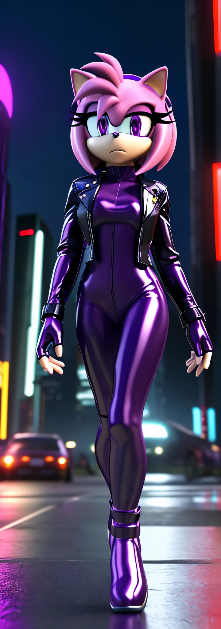 Solo, 1girl, full body image, rendered in SFM, ((sonic oc:1)), from sonic, high detail iconic character, in the new action-movie sonic, cyberpunk city, official render, 3d render official art, toon shader, ((female)), (((purple hedgehog:1))), ((shiny)) (purple fur:1.0), (((Amy rose style quills))), (((metallic purple eyeliner))) ((deep purple eyes:1.5)), ((calm neutral expression)), ray trace 4 k, ray trace 4k, (((metallic purple latex bodysuit))), (((leather jacket))), ((fingerless gloves:0.9))