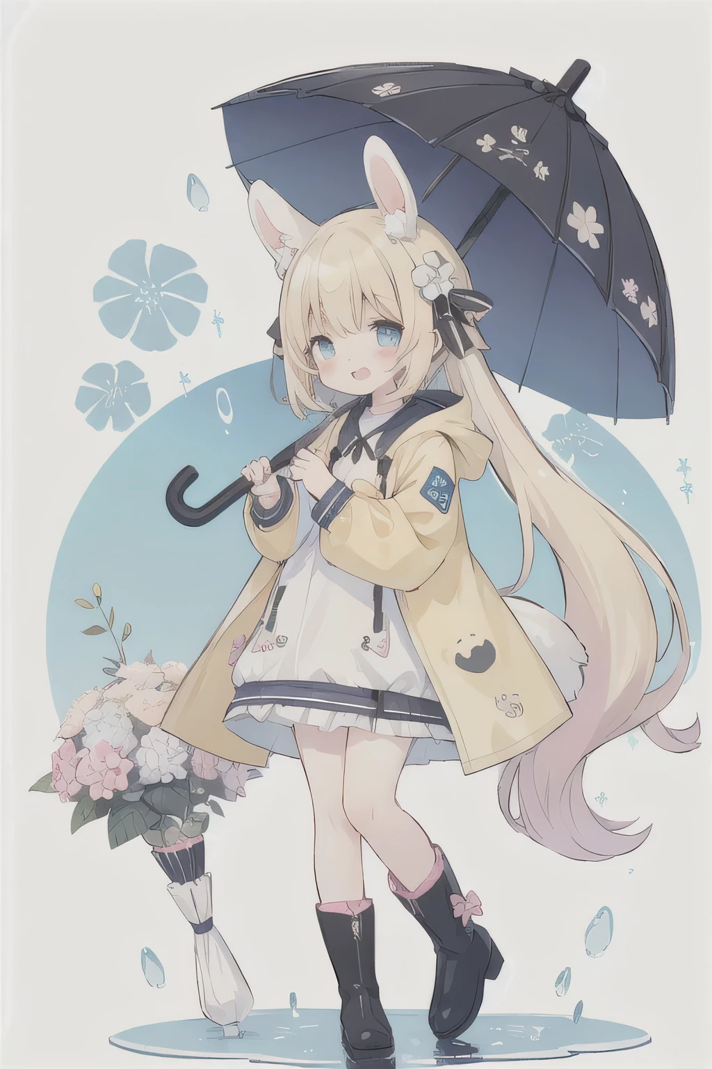 1 Girl,rainbow,raincoat,yellow raincoat,rubber boots,hyDrangea,flower,long hair,Double tail,boots,blush,umbrella,open mouth,Hair accessories,white backgrounD,hooD,Solitary,teruterubouzu,very long hair,hooD up,Long sleeve,low Double tail,bow,Bangs,Smile,animal hooD,blue eyes,rabbit,closeD umbrella,puDDle,full boDy,:D,snails,Footwear,simple backgrounD,pink flower,stanDing,leaf umbrella,holDing umbrella,fooD-themeD Hair accessories,hair bow,animal ears,holDing,blonDe hair,hair flower,rain,animal,
