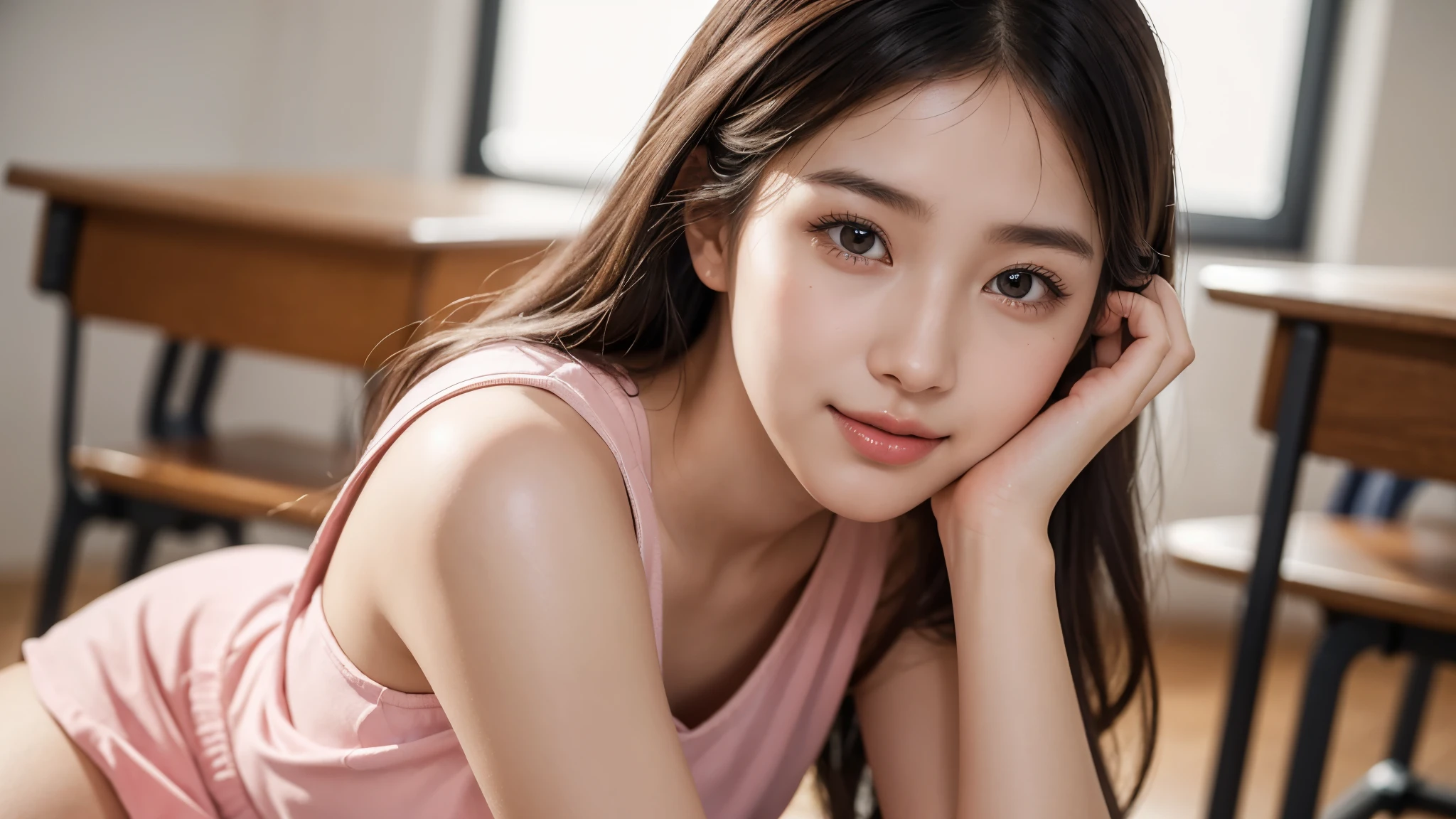 masutepiece, Best Quality, 8K, 10yo student, Teen, Raw photo, Solo, Idol face, Delicate girl, Upper body, Digital SLR, Looking at Viewer, Candid, Sophisticated, Thin arms, Professional Lighting, Film grain, chromatic abberation, (Eyes and faces with detailed:1.0), (Bokeh:1.1) , gigantic breast , Distant viewpoint , bed , laying on back , Perspective from above , closes mouth , A dark-haired , dishevled hair , tennis uniform , smile