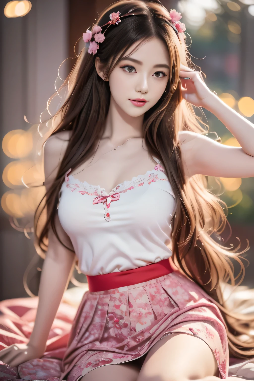 masterpiece, best quality,shiny,chromatic aberration abuse,pastel color,full body,
1girl,solo, aoisan,red eyes,brown hair,smile,long hair, 
indoors,bedroom,sitting,from side,
 sleeveless shirt, layered shirt, layered skirt, crop top, wrist cuffs,gradient legwear, red thighhighs,high heels, boots,hair flower, ribbon,