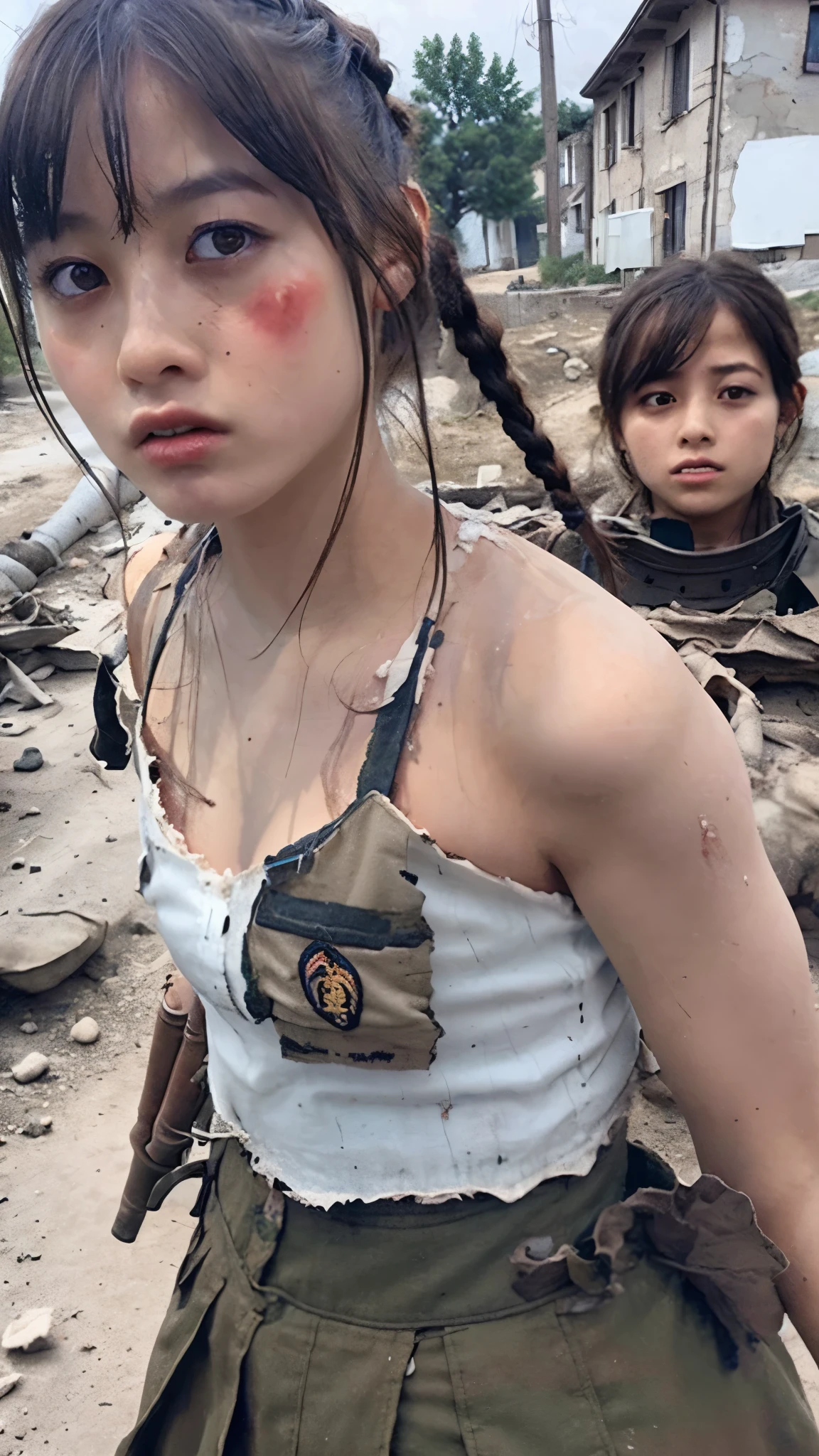 a war-torn village, young woman being assaulted by soldiers, tattered clothes, panties visible, detailed facial features, extreme emotional distress, cinematic lighting, dramatic shadows, muted color palette, gritty war-torn environment, hyper-realistic, masterpiece